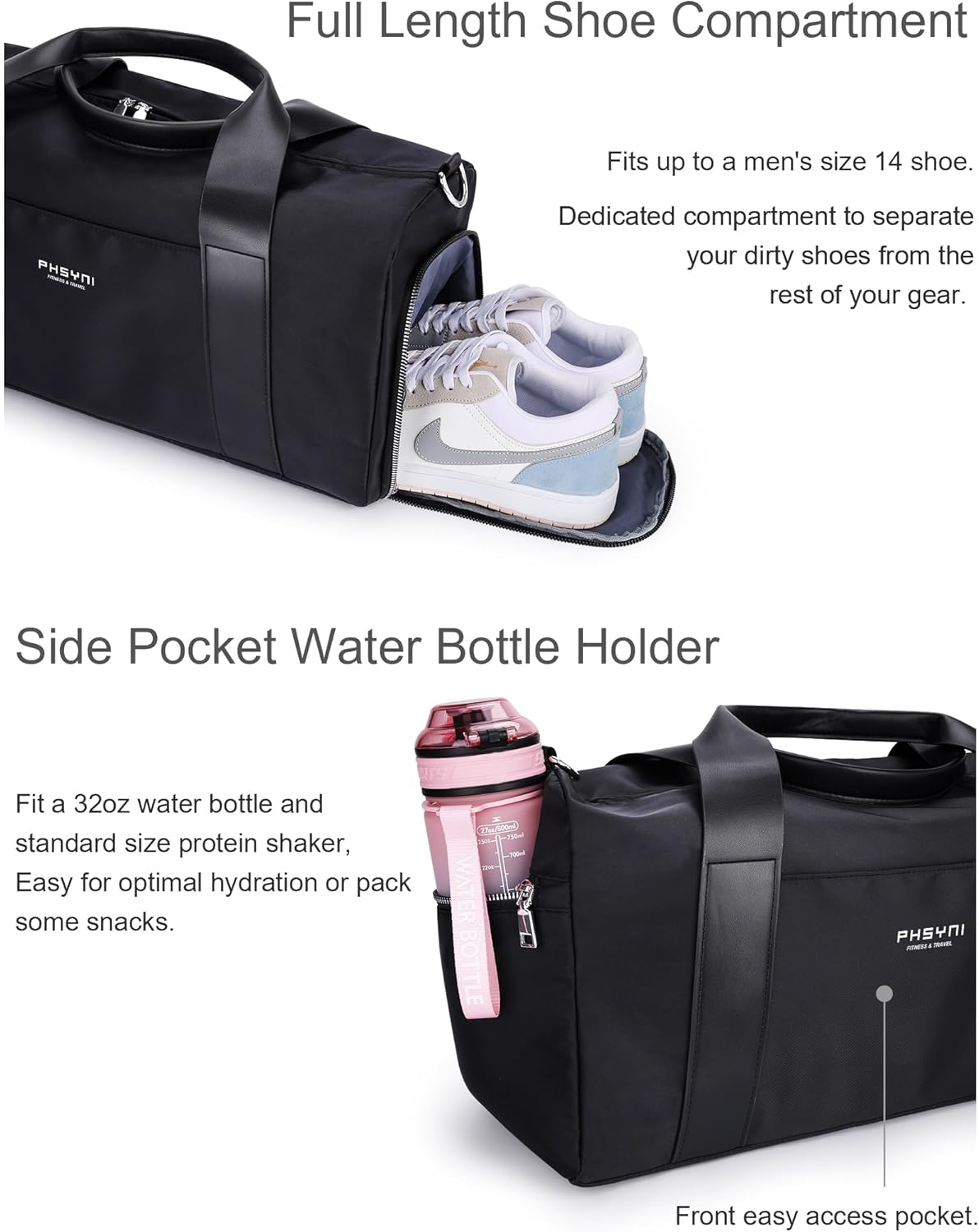 Gym Bag for Women with Shoe Compartment & Wet Pocket - Duffle Bag for Travel Sports Fitness Workout Athletic, 19“-Medium, Black