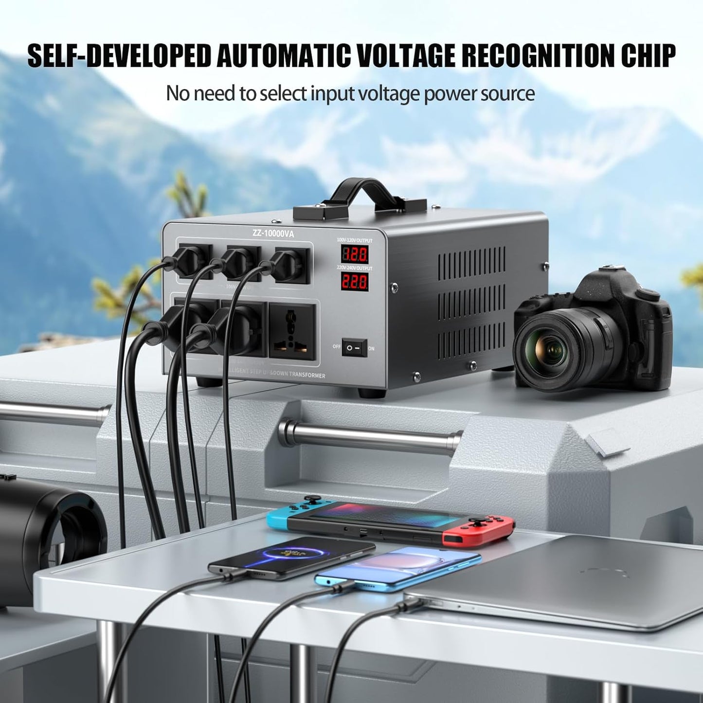 10000W Voltage Converter Auto Transformer,110/120/220/240V Heavy Duty Step Up/Down Power Converter Transformer with 3 US Outlets,3 Universal Outlets, LCD Display,Resettable Circuit Breaker Protection