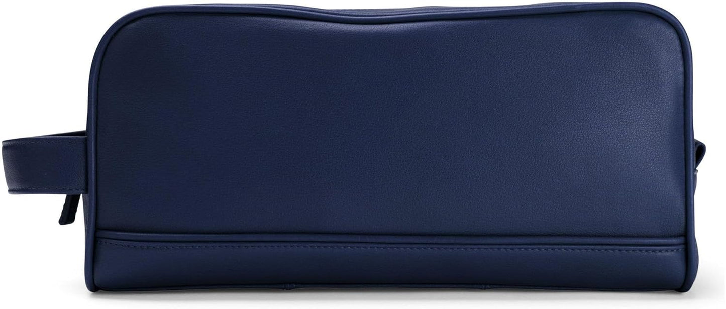 Leatherology Navy Blue Double Zip Toiletry Bag – Full-Grain Leather Men's Dopp Kit with Dual Compartments, Water-Resistant Lining & Top-Stitched Handle