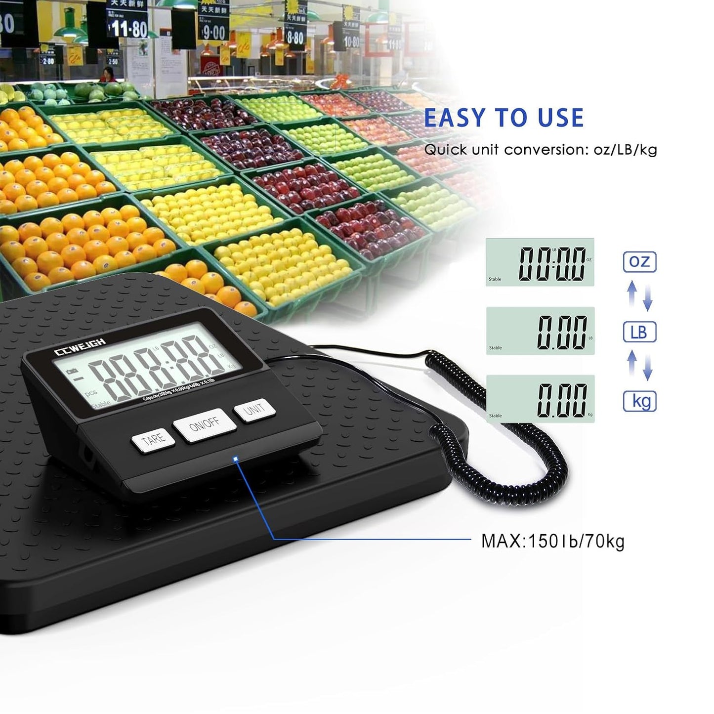 Digital Shipping Scale with Weight Indicator, 440lb/1.76oz, for Small Business, parcels, Home, Luggage, etc., Digital Postal Scale with AC Adapter and LCD Digital Display.