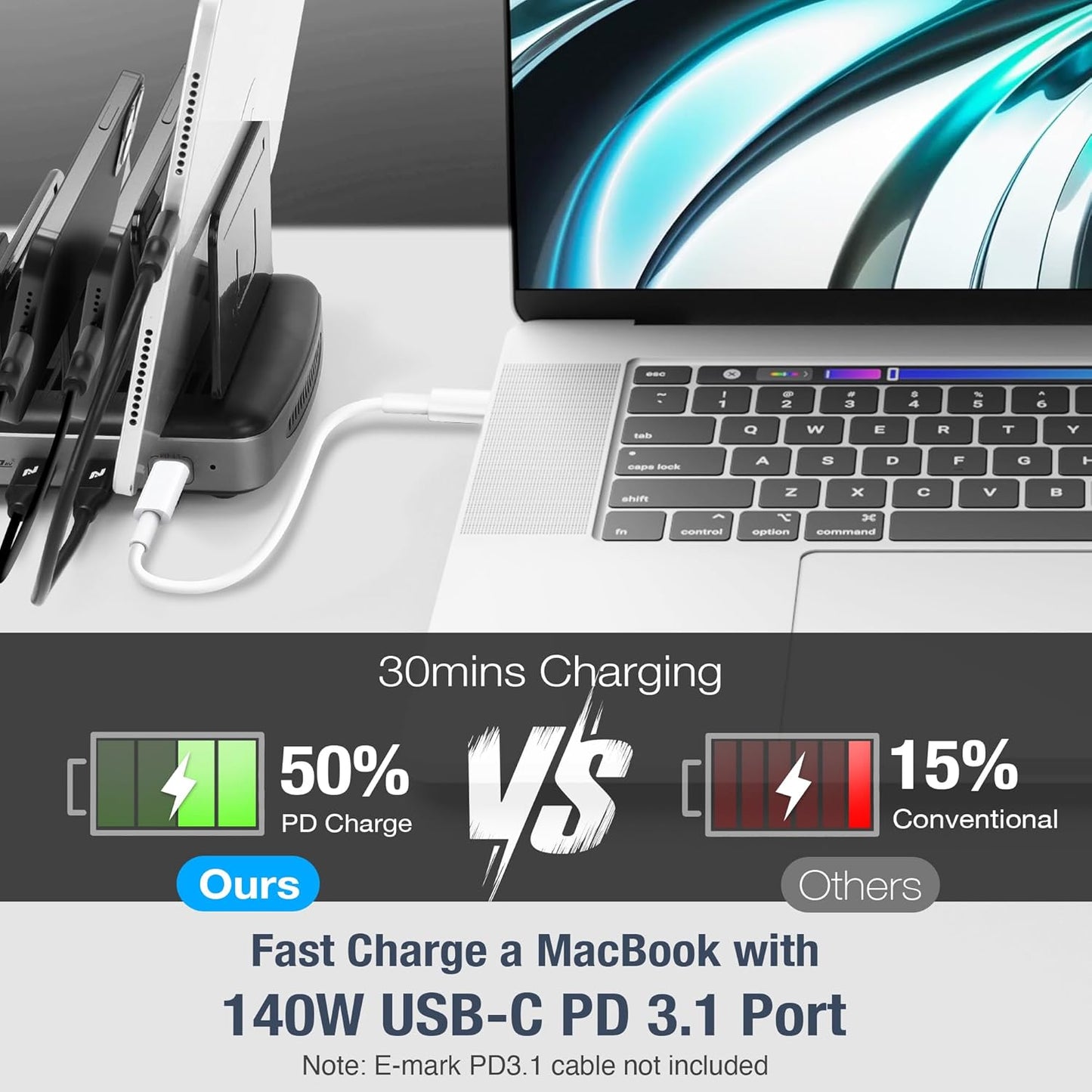 160W 6-Port USB-C and USB-A Charging Station Organizer with 140W PD 3.1 – Includes Cables – for MacBook, iPhone, iPad, AirPods, Smartphones, Tablets, and Gaming Devices