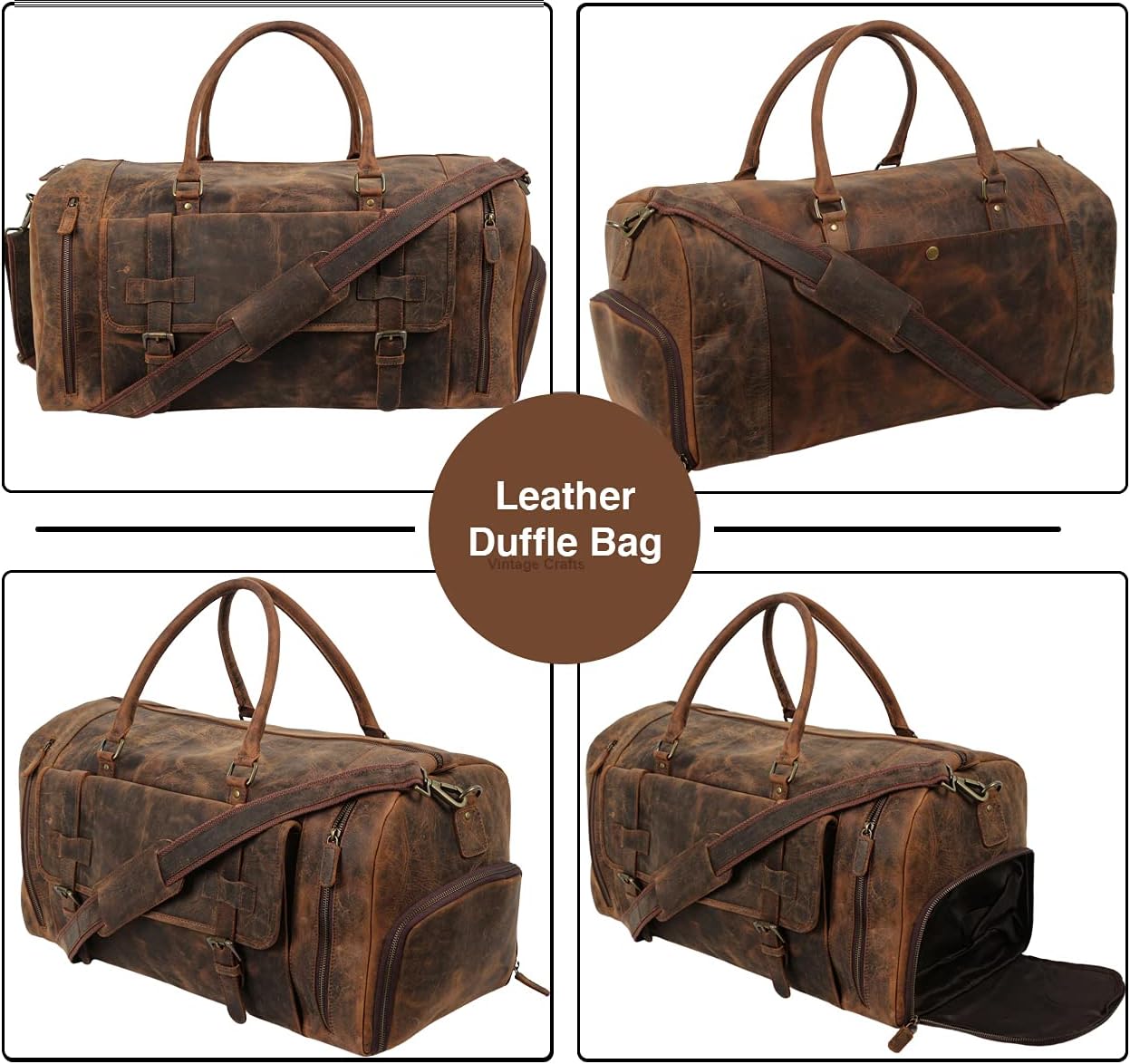 22 Inch Genuine Leather Full Grain Duffel Bag | Overnight Travel Weekend Sports Gym Traveling | Carryon Durable Cabin With Shoe Compartment For Men and Women