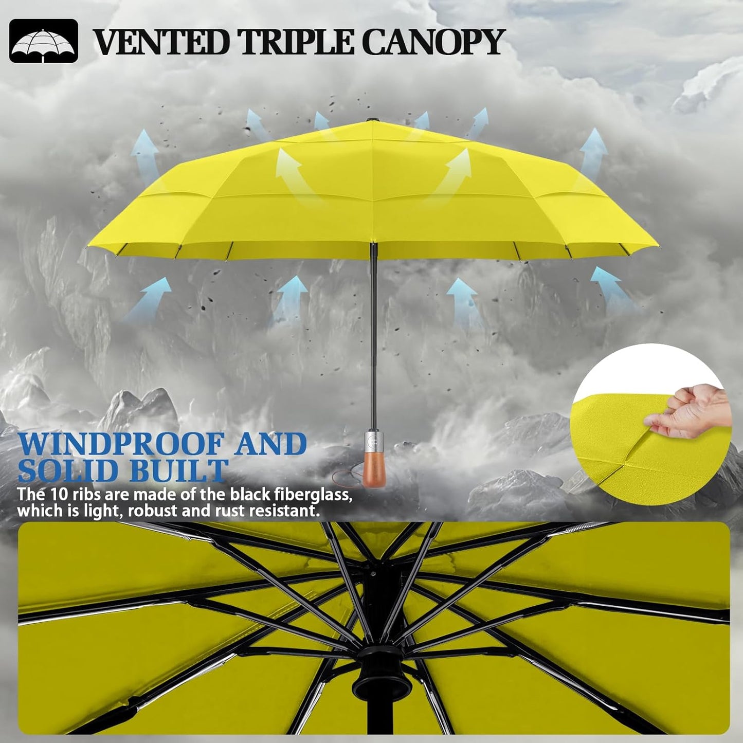 Umbrella Strong Windproof, Triple-Layer Canopy, 10 Fiberglass Ribs, Auto Open/Close, Wooden Handle, Sleeve with Anti-Loss Hook, Umbrellas for Travel & Commute & Daily Use & Gift