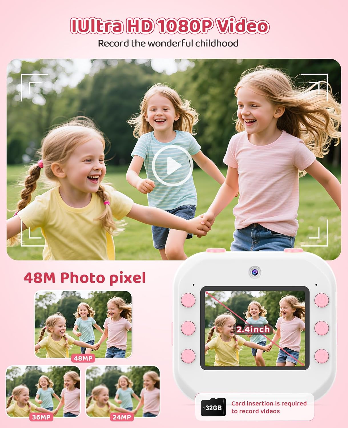 Instant Print Front Rear Dual Selfie Kids Camera for Kids Christmas Birthday Gifts for Girls Age 3-12 Portable Toys for 3 4 5 6 7 8 9 10 Year Old Girl with 32GB SD Card Digital Camera