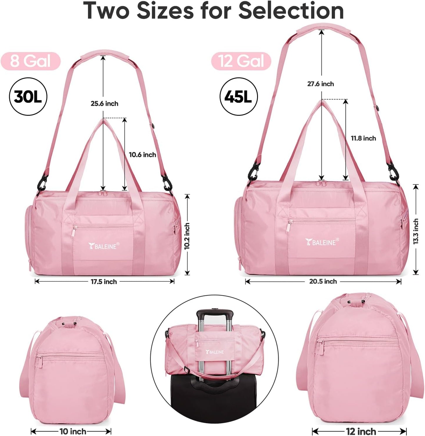 BALEINE Gym Bag for Women and Men, Duffel Bag for Sports, Gyms and Weekend Getaway, Waterproof Dufflebag with Shoe and Wet Clothes Compartments, Lightweight Carryon Gymbag (Pink)