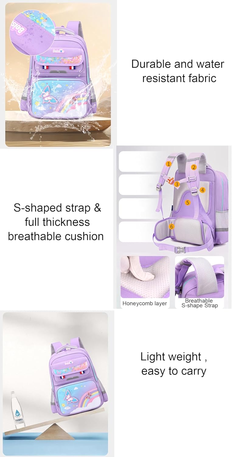 JiaYou Unisex Child Backpack Multi Layer Primary School Daypack with Detachable waist belt(Blue Purple,17 Liters)