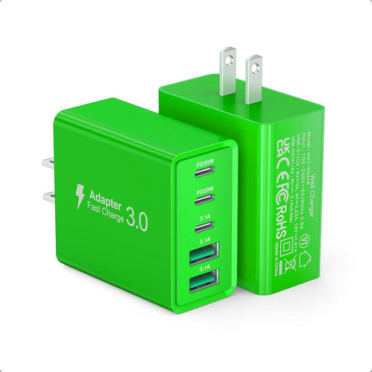 2 Pack 60W USB C Fast Charger Block,5-Port Type C Wall Charger Brick,2 USB A & 3 USB C PD3.0 Power Adapter Multiport Charging Plug Box for iPhone 13/14/15/16/17,Pad Mini/Pro, Cellphones(Green)