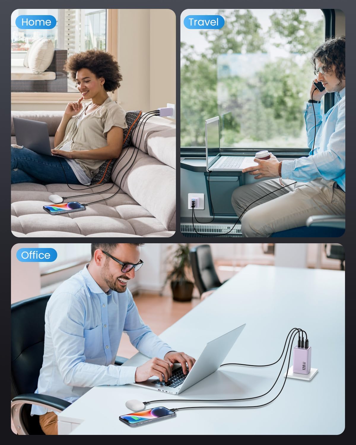 128W USB C Wall Charger,GaN III 3-Port Fast Charging Station,PD QC Foldable Charger Block Portable 65W Laptop Adapter for MacBook Pro/Air,iPad Pro,Galaxy S23,Dell XPS 13,iPhone 17/16/Pro etc