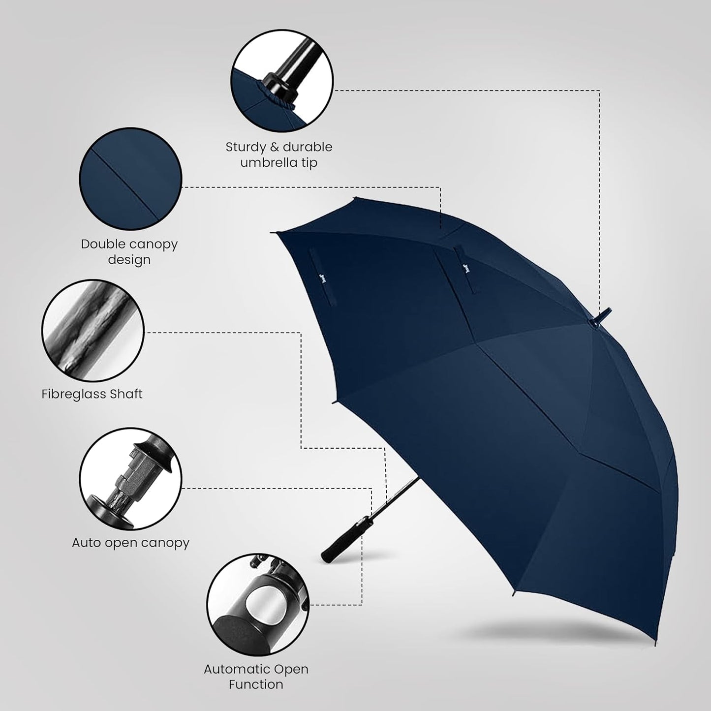 Golf Umbrella Windproof - 62/54/47 Inch Large Umbrellas For Rain Heavy Duty - Automatic Open Ultimate UV Protection - Water Repellent Double Canopy Vented - Best Sports Umbrella
