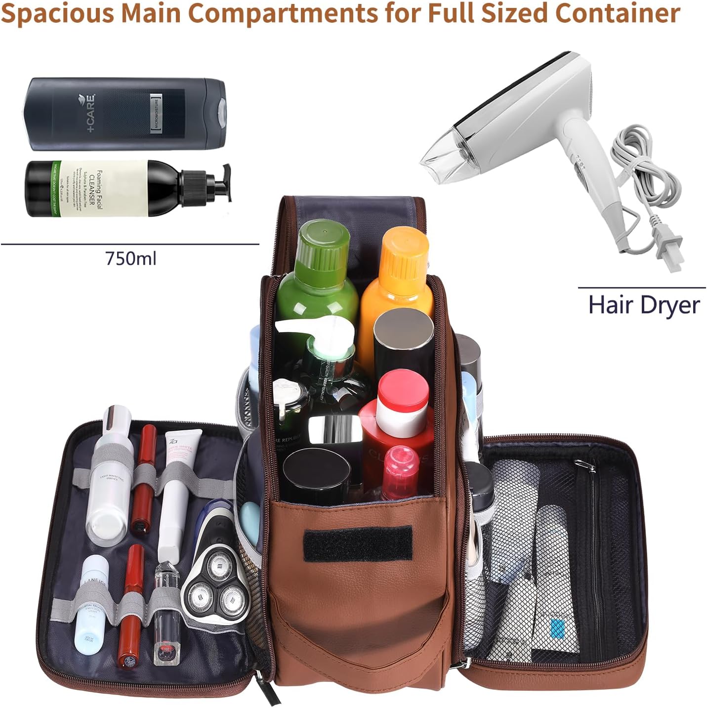 Buruis Extra Large Toiletry Bag for Men, Travel Toiletry Organizer Dopp Kit Water-resistant Shaving Bags, PU Leather Cosmetic Bathroom Shower Bag for Toiletries, Grooming, Accessories (Brown)