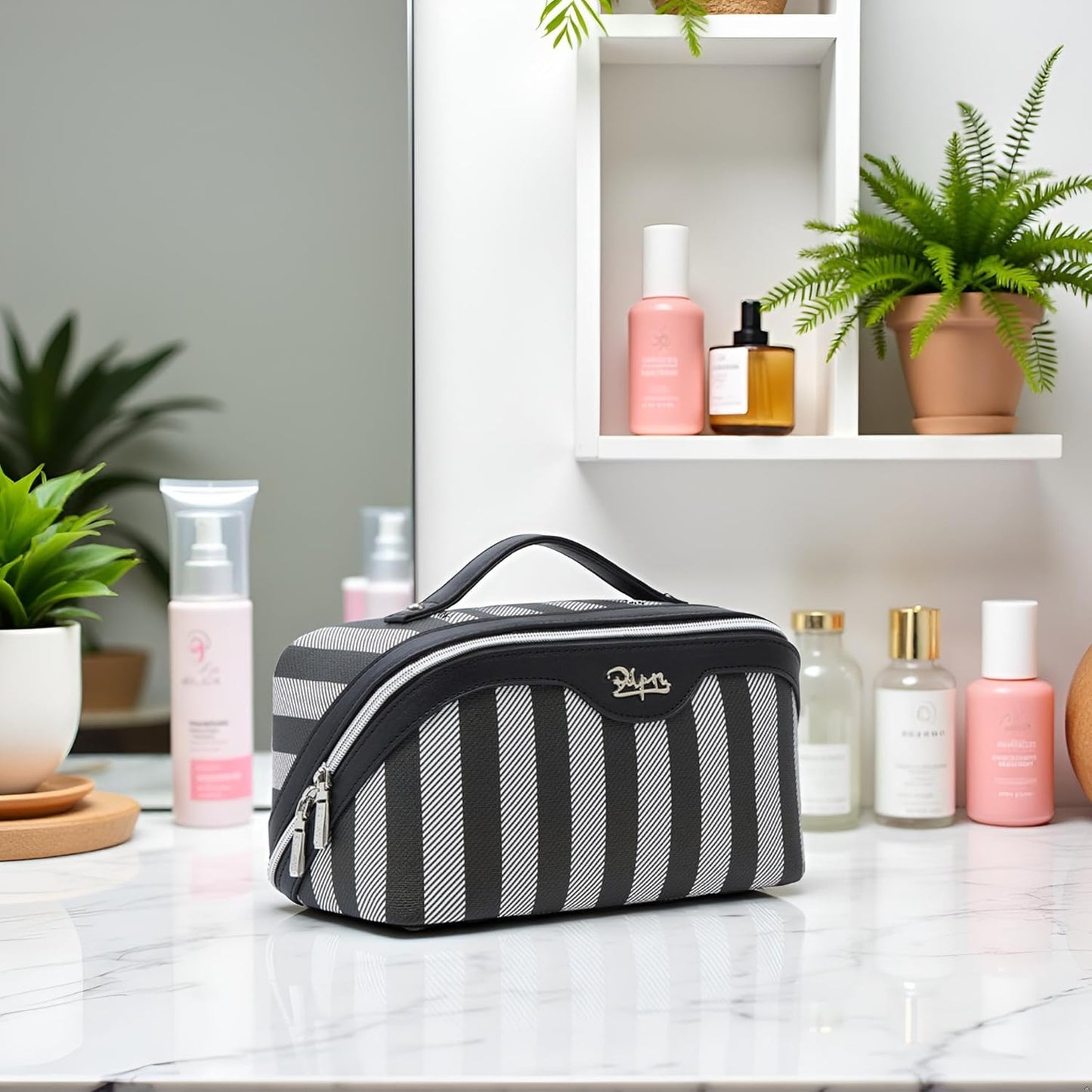 BOYATU Travel Makeup Bag for Women: Large Cosmetic Bag Set of 3 - PU Leather Make up Bag with Compartments - Compact Waterproof Toiletry Bag with Divider & Handle (B-4-Black)