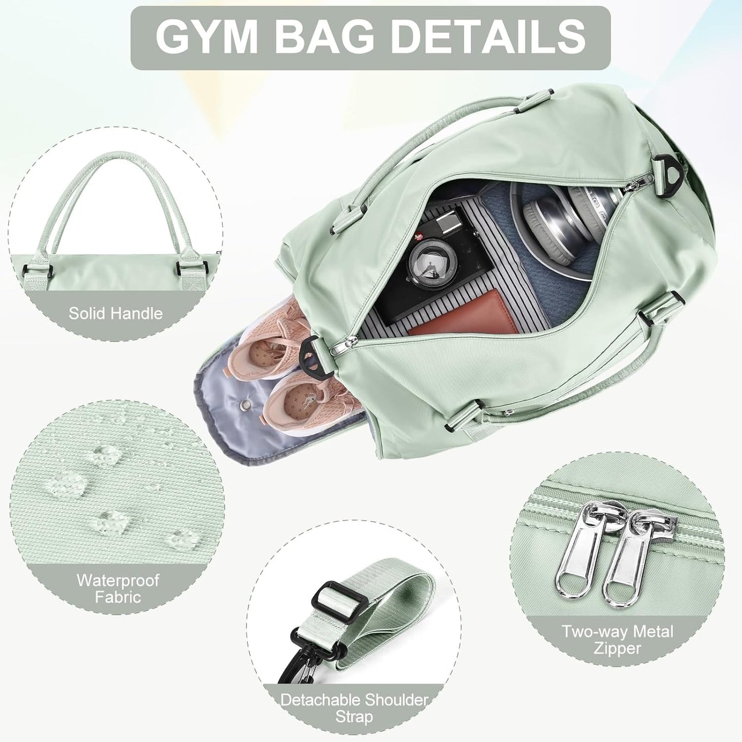 Gym Bag for Women Men with Shoes Compartment,Sports Duffle Bag Personal item travel Duffel Bags Tote Bag Small Carry on Weekender Overnight Bag Workout Dance Bag Hospital Holdalls Mint Green