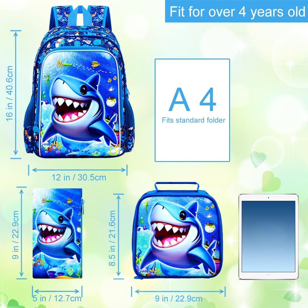 16" Shark Backpack for Boy, 3Pcs School Backpacks with Lunch Box, Kids Bookbag for Elementary Preschool Kindergarten(Blue)