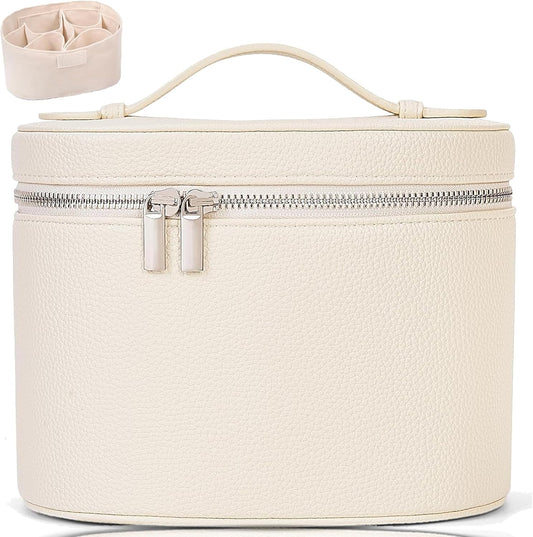 Leather Make Up Bags With Compartments, Brown travel Cosmetic Bags for Women, Parallel Makeup Travel Bags Organizer Equipped With a Detachable Divider (Beige)