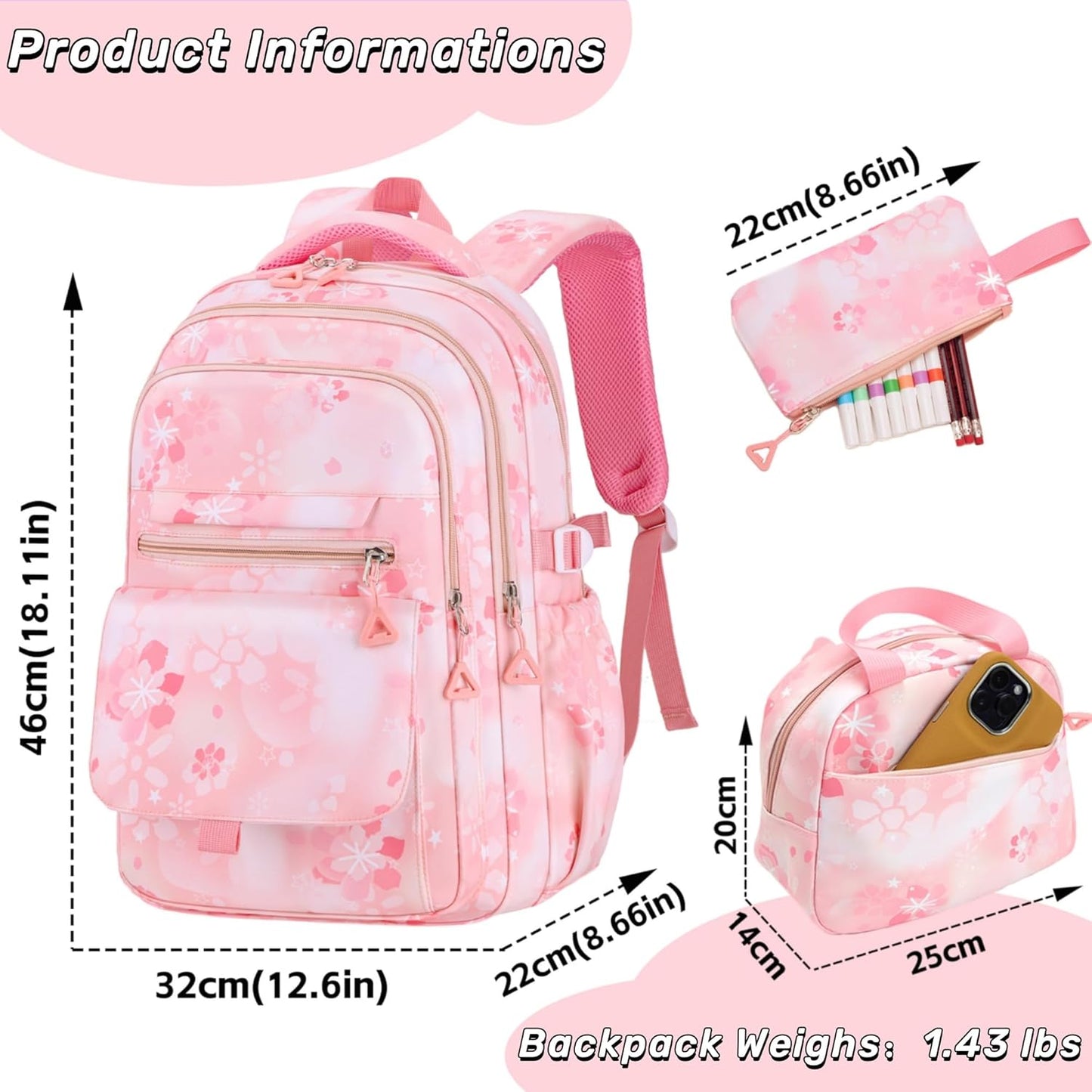 Kids Backpack for Girls Flower schoolbag with Lunch Bag & Pen Case Waterproof Girl Bookbag for Elementary school(pink)