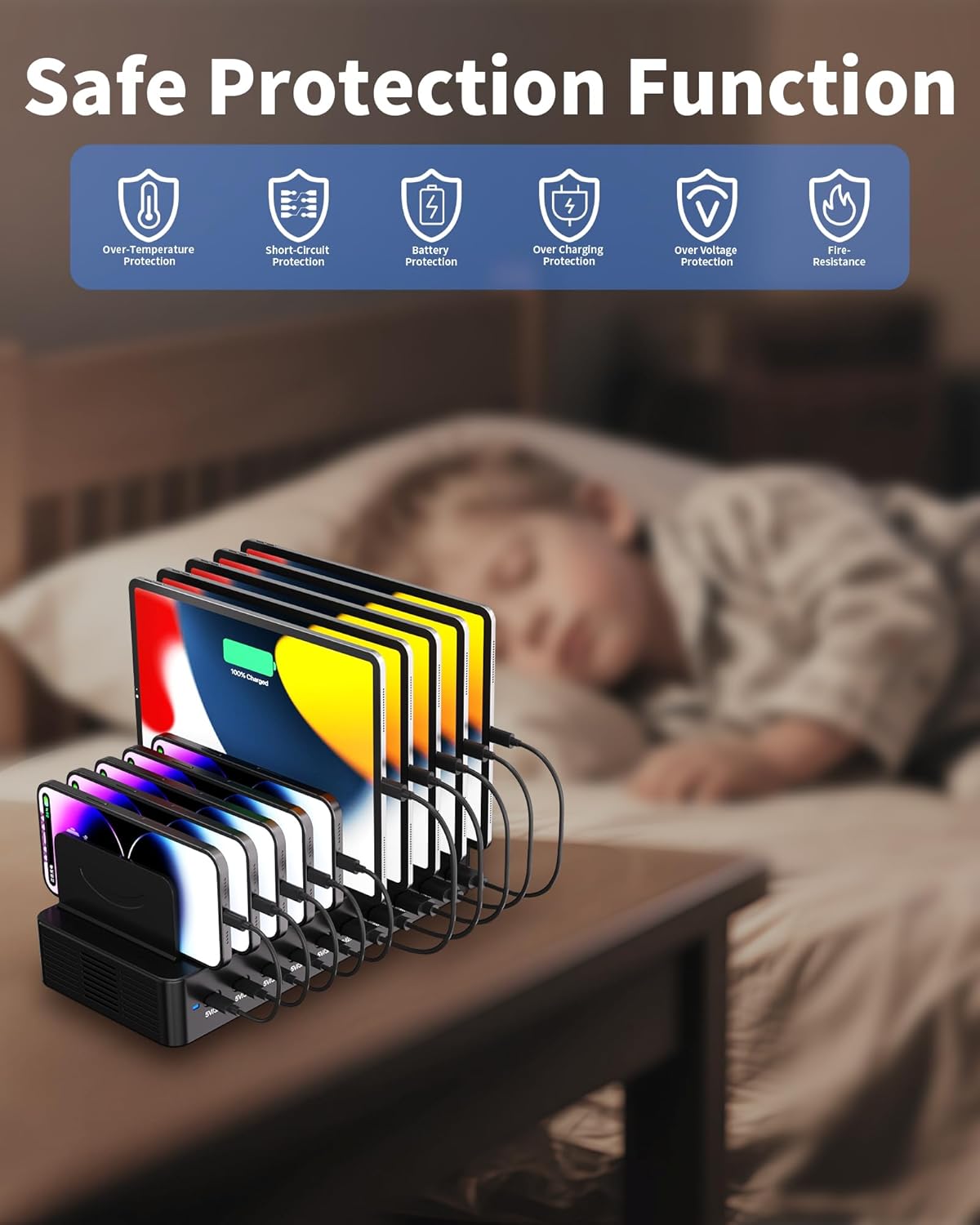 100W Charging Station for Multiple Devices, 10-Port USB Fast Charging Station with Adjustable Dividers & 10 Cables- Multi Device Organizer Charging Dock for iPhone, iPad, Tablets & More