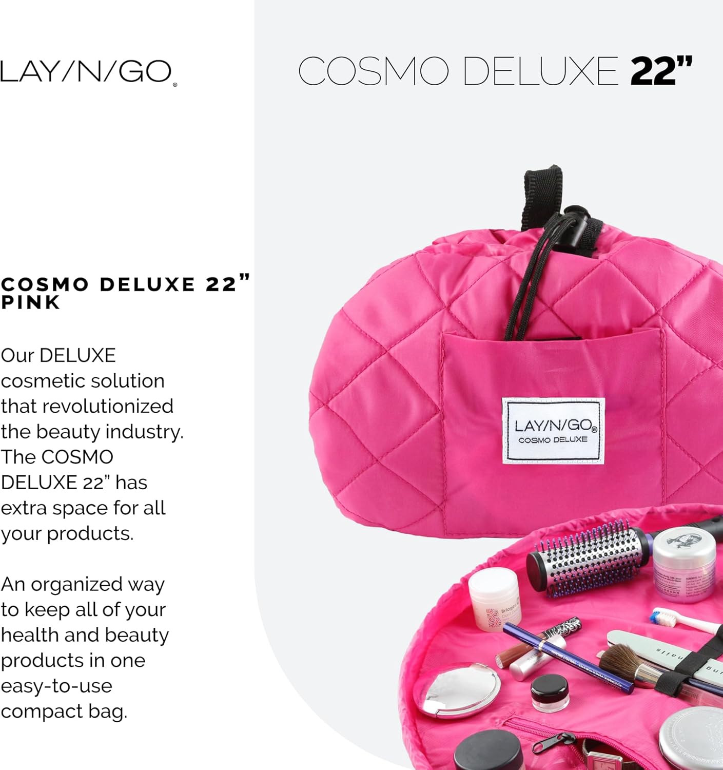 Lay-n-Go Cosmo Layflat Drawstring Cosmetic & Makeup Bag Organizer w/Zipper Pocket, Brush Loops & More, Cinch to Close, Lay Flat to Use, Durable, Machine Wash, Travel Toiletry Bag (22", Pink)
