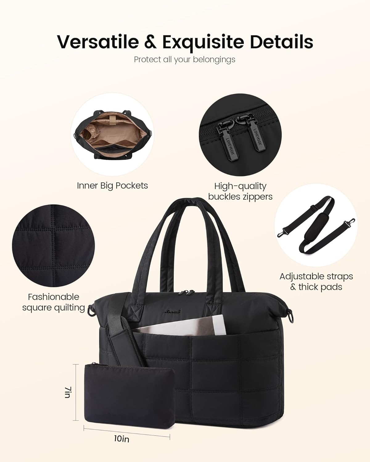 LOVEVOOK Quilted Duffle Bag for Travel,36L Gym Bag for Women with Wet Pocket,Water Resistant Weekender Overnight Bag Tote Bag for Women with Laptop Compartment(Black)