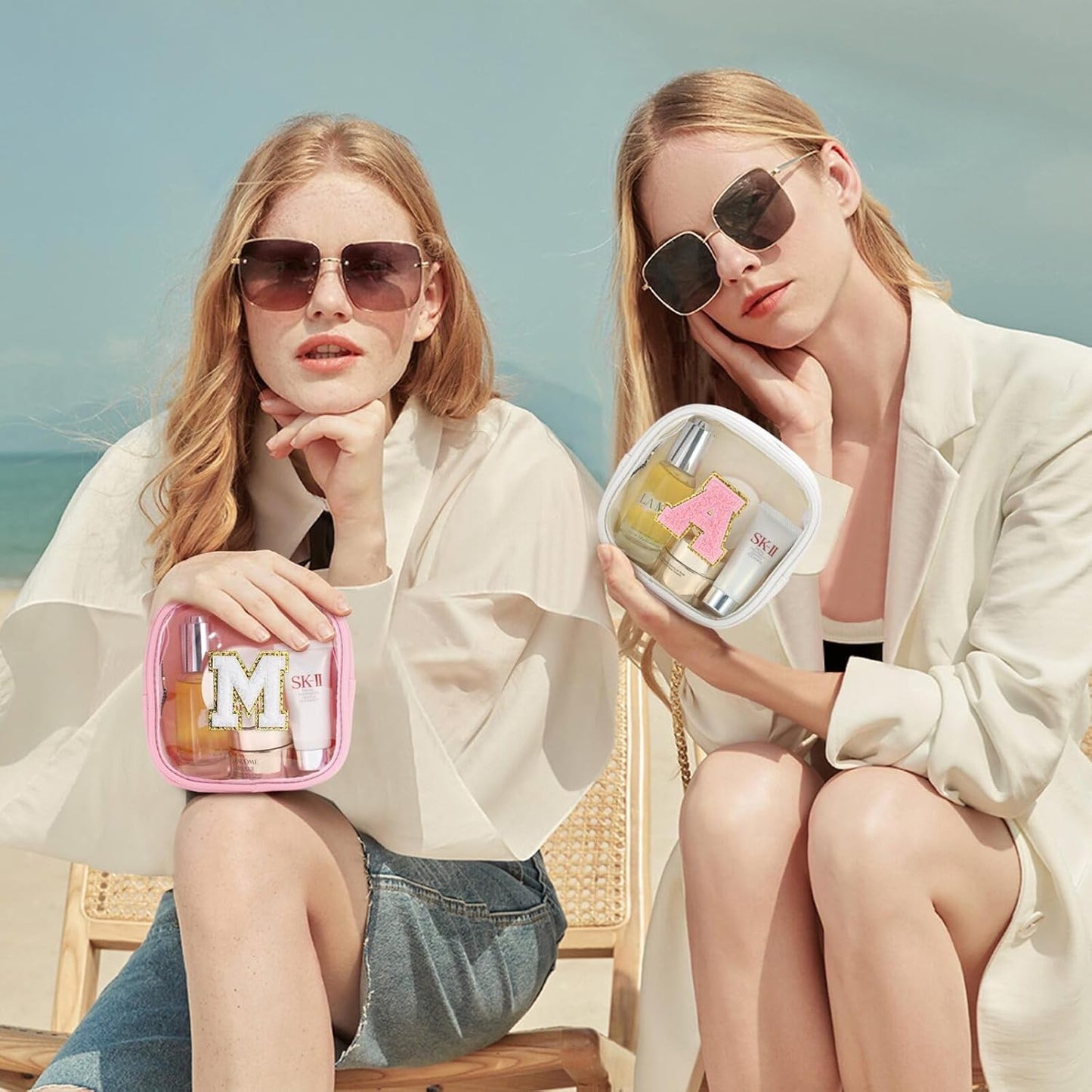 YOOLIFE Mini Birthday Gifts for Women - Personalized Cute Pink Initial Clear Makeup Bag Make Up Bag Travel Bag for Mothers Day Gifts Teacher Sister Friend Female Girlfriend Wife Teen Gifts Party Bag T