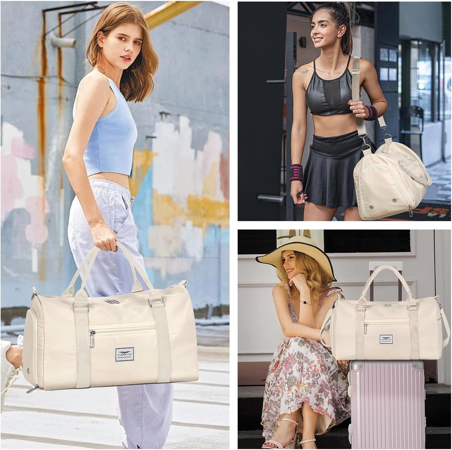 FIORETTO Womens Gym Tote Duffle Bag with Toiletry Bag, Sports Duffel Overnight Hospital Workout Carry on Bag for Girls with Wet Pocket & Shoe Compartment, Ideal for Travel, Swimming, Dance Beige