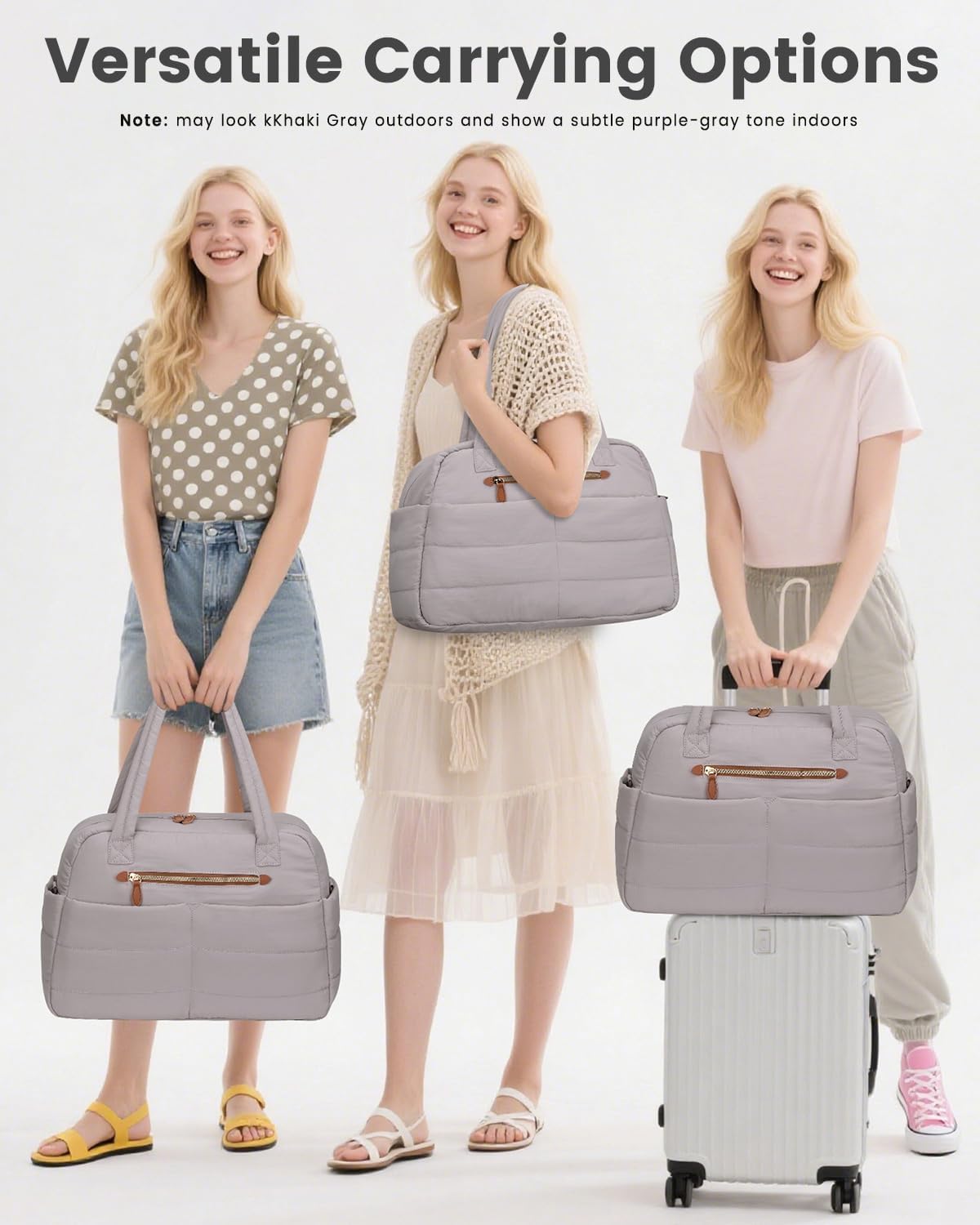 Travel Duffle Bag,Puffer Carry On Duffel Bag with Laptop Compartment Waterproof Overnight Weekender Bags for Women Large Hospital Tote Bags for Labor and Delivery(Large,Khaki Gray)