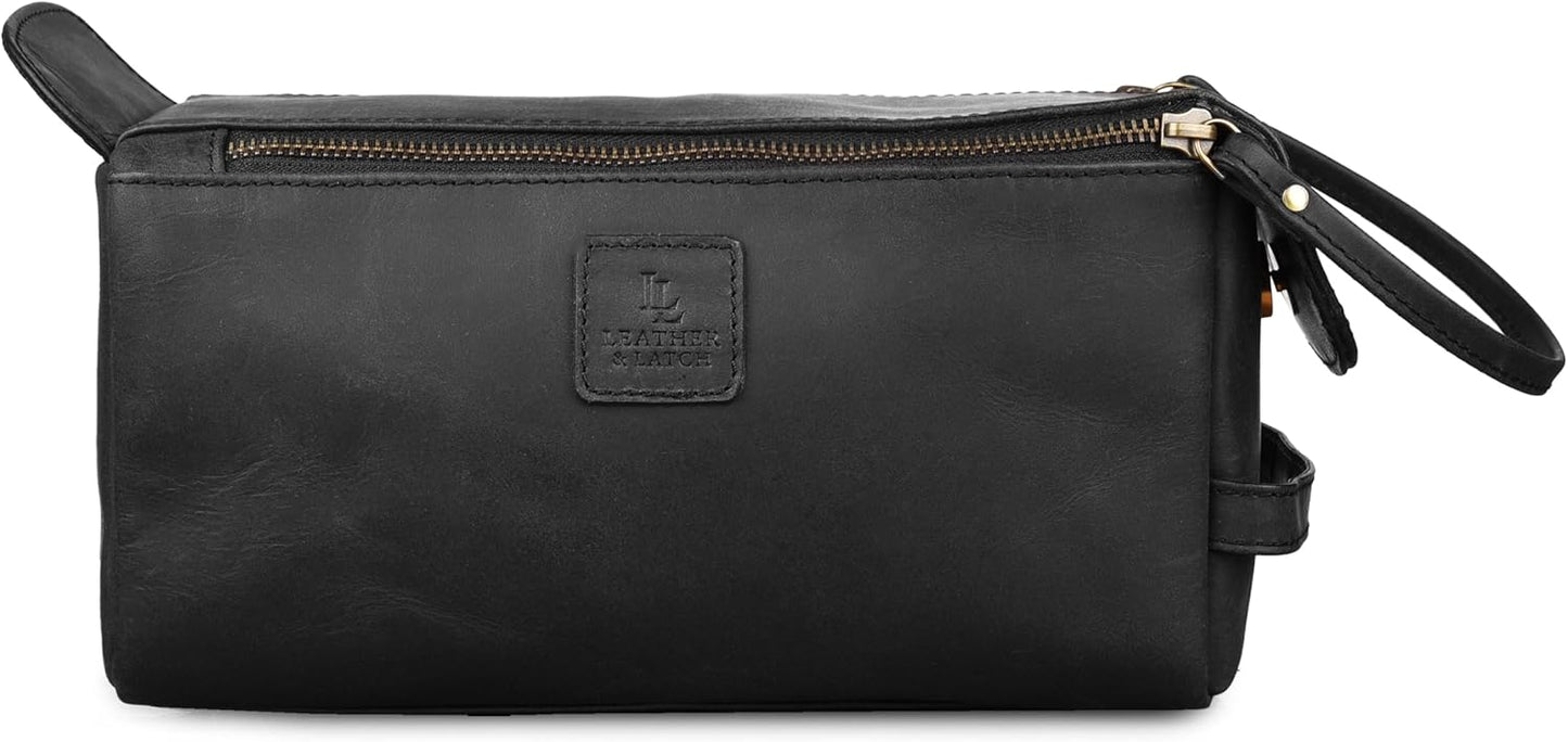 Leather Travel Toiletry Bag for Men & Women – Genuine Leather Dopp Kit, Shaving Organizer, Waterproof Lining, Spacious Toiletry Organizer Gift for Unisex - Midnight Black