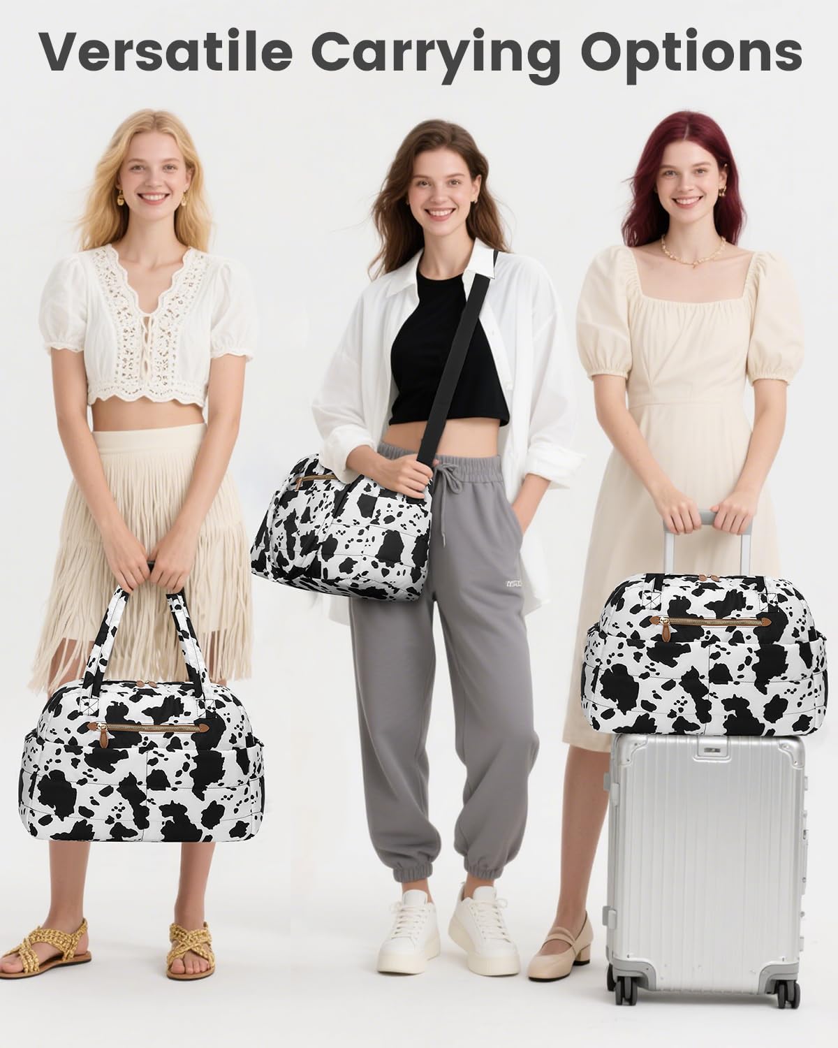 Travel Duffle Bag,Puffer Carry On Duffel Bag with Laptop Compartment Waterproof Overnight Weekender Bags for Women Large Hospital Tote Bags for Labor and Delivery(Medium,Cow Print)