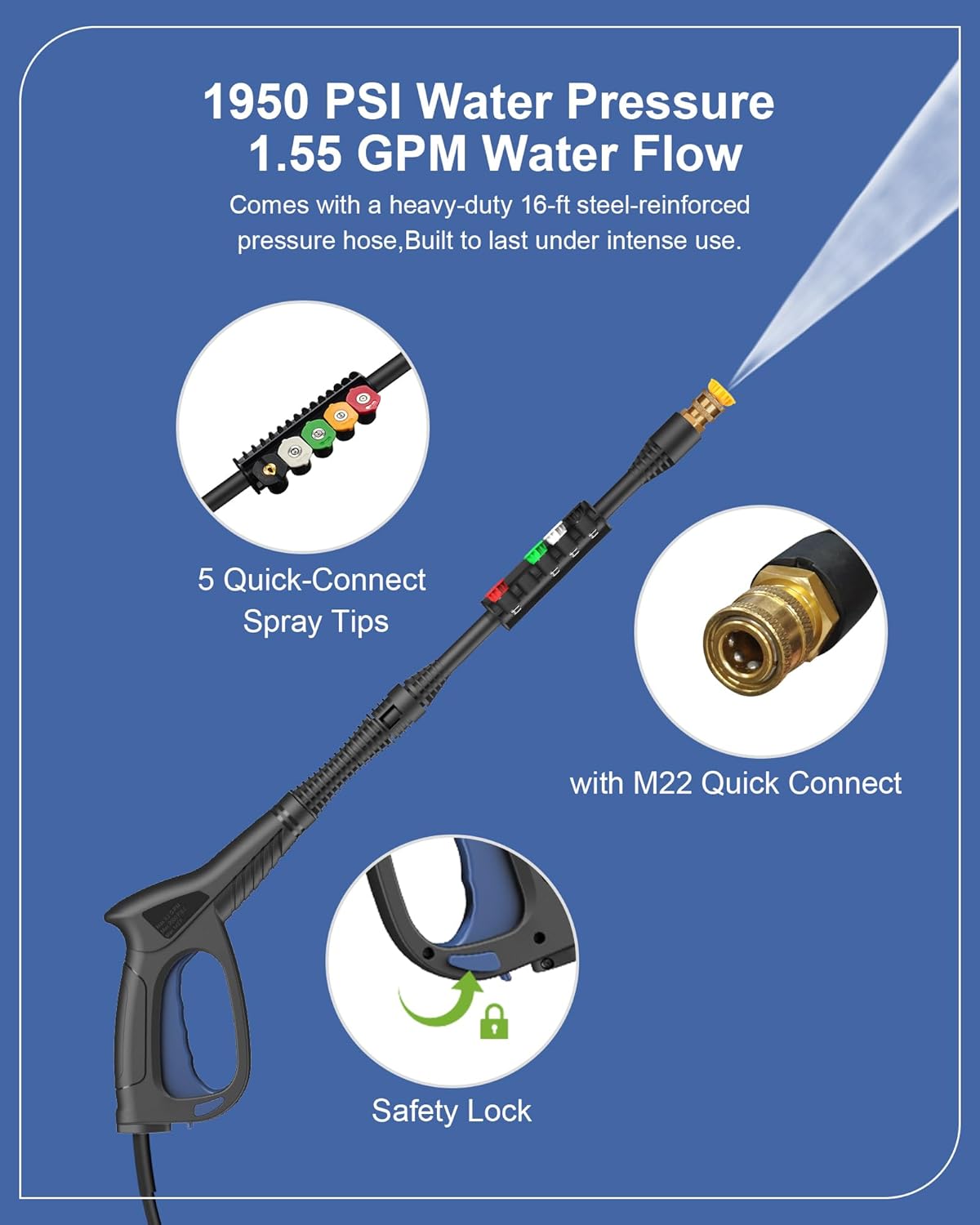 1600W Washer with 5Nozzles Set&Foam Cannon,16ft Hose,Adjustable Handle,Power Washer for Driveways, Cars, Fences, Decks, Patios&Outdoor Cleaning