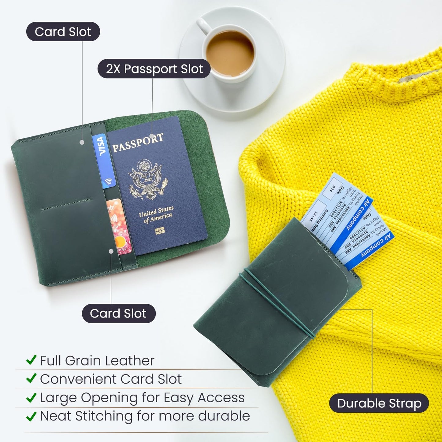 Leather Passport Holder with Travel Wallet, Genuine Leather Passport Cover- Passport Wallet, Leather Folding Wallet for Passports (Strap, Green)