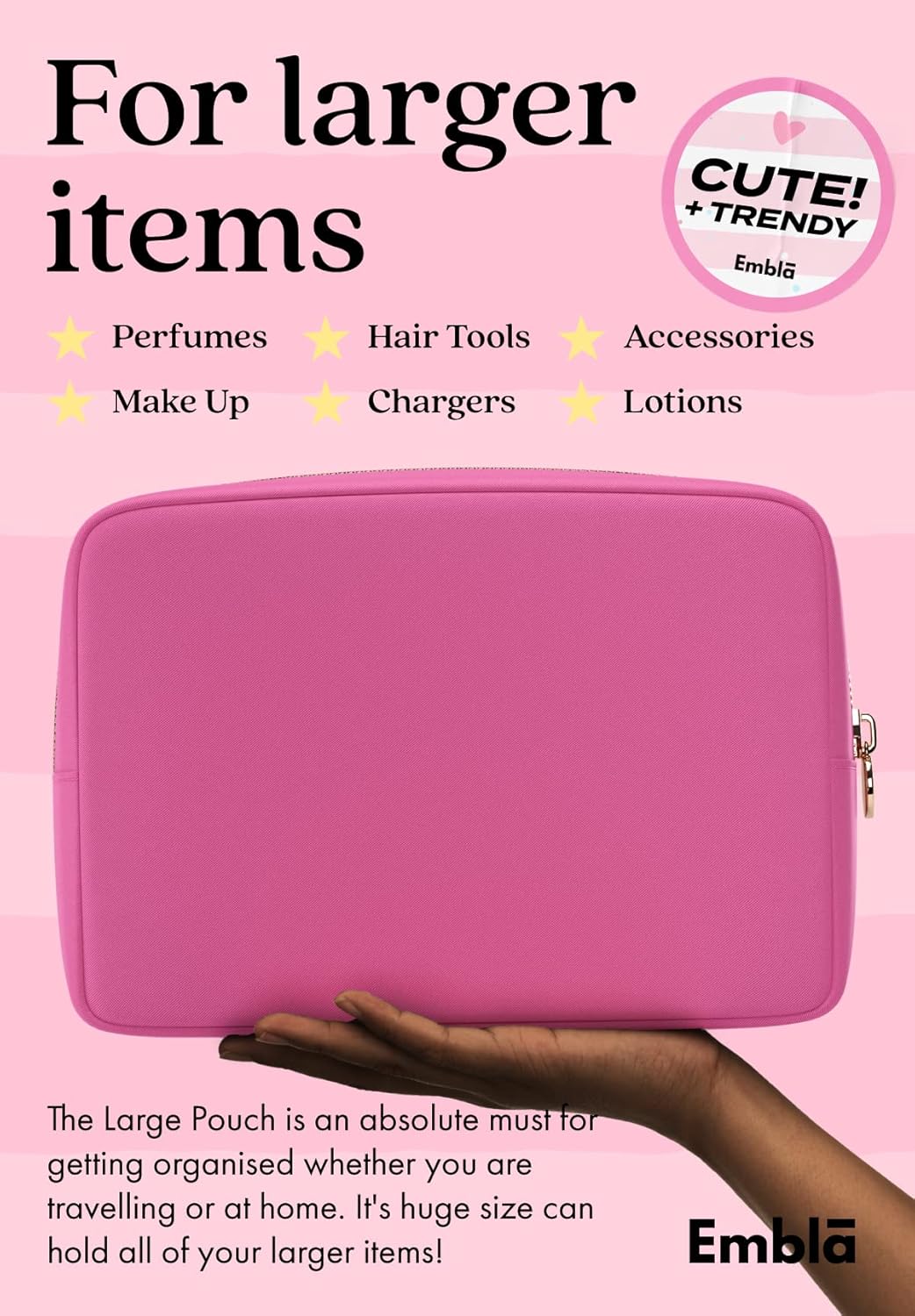 Embla Makeup Bag Travel Cosmetics Pouch and Toiletry Bag, Nylon Zipper Pouch Purse, Cute Make Up Organizer Storage Tote for Women Girls, Travel Skincare Case, Large Makeup Bags, Bubblegum