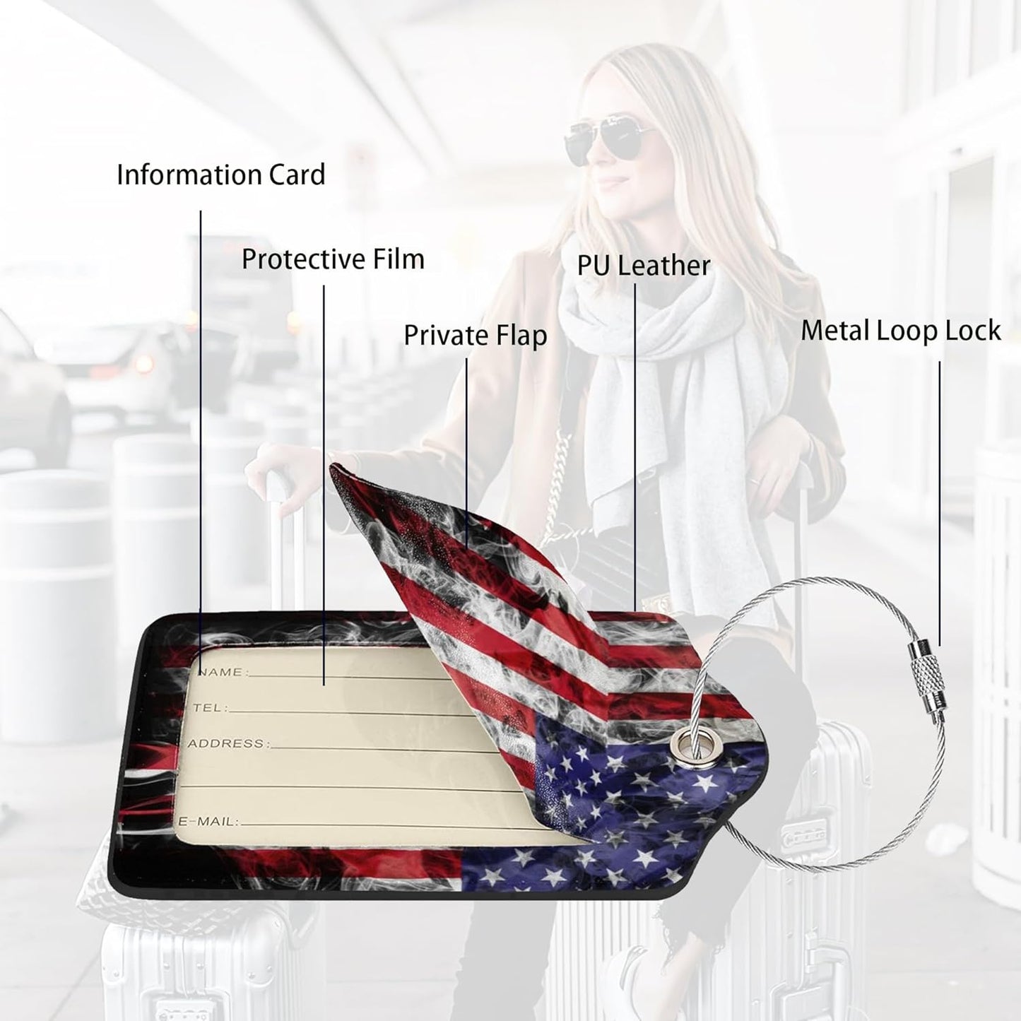 2 Pack American Flag Luggage Tags for Suitcases Unique Us Leather Luggage Tags Identifiers Privacy Cover Id Label with Stainless Steel Loop for Women Men Boys Girls Travel (American Flag)