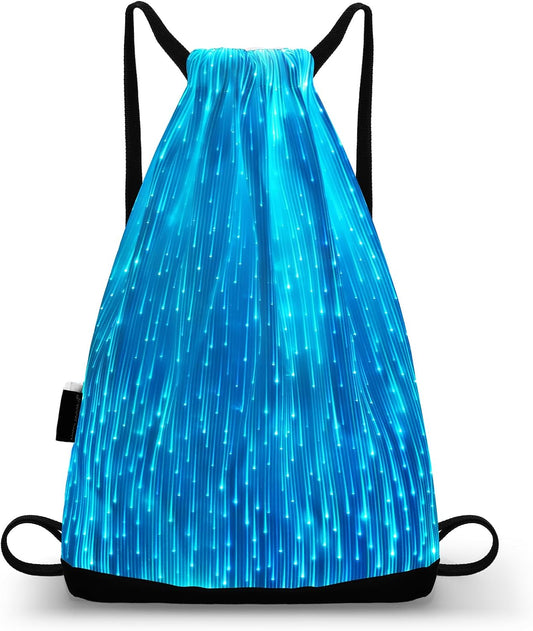 LED Backpack Drawstring Bag Gym Bags Light up Purse 7 Colors Rave Gear Rucksack for Bike Hiking festival carnival (White)