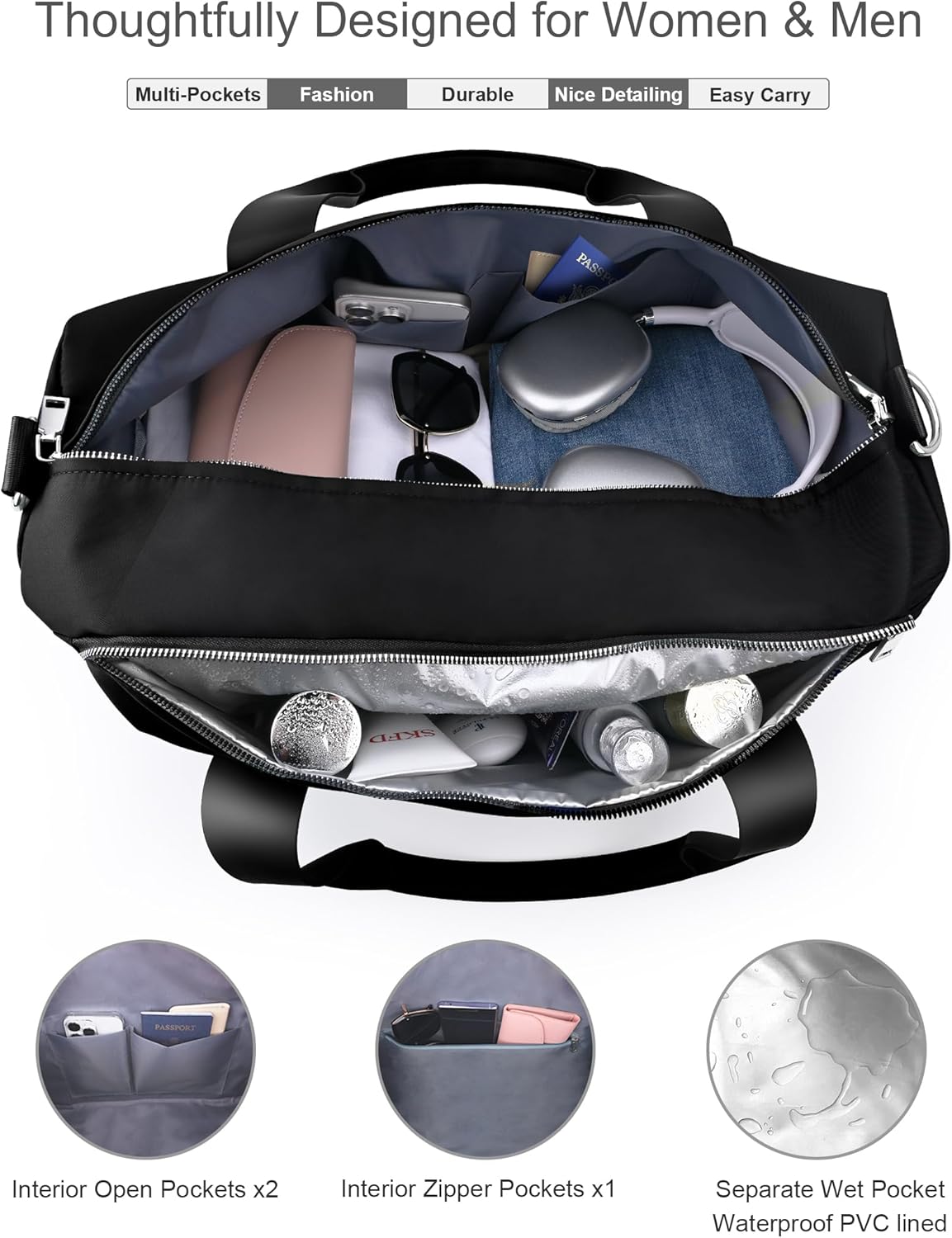 Gym Bag for Women with Shoe Compartment & Wet Pocket - Duffle Bag for Travel Sports Fitness Workout Athletic, 19“-Medium, Black