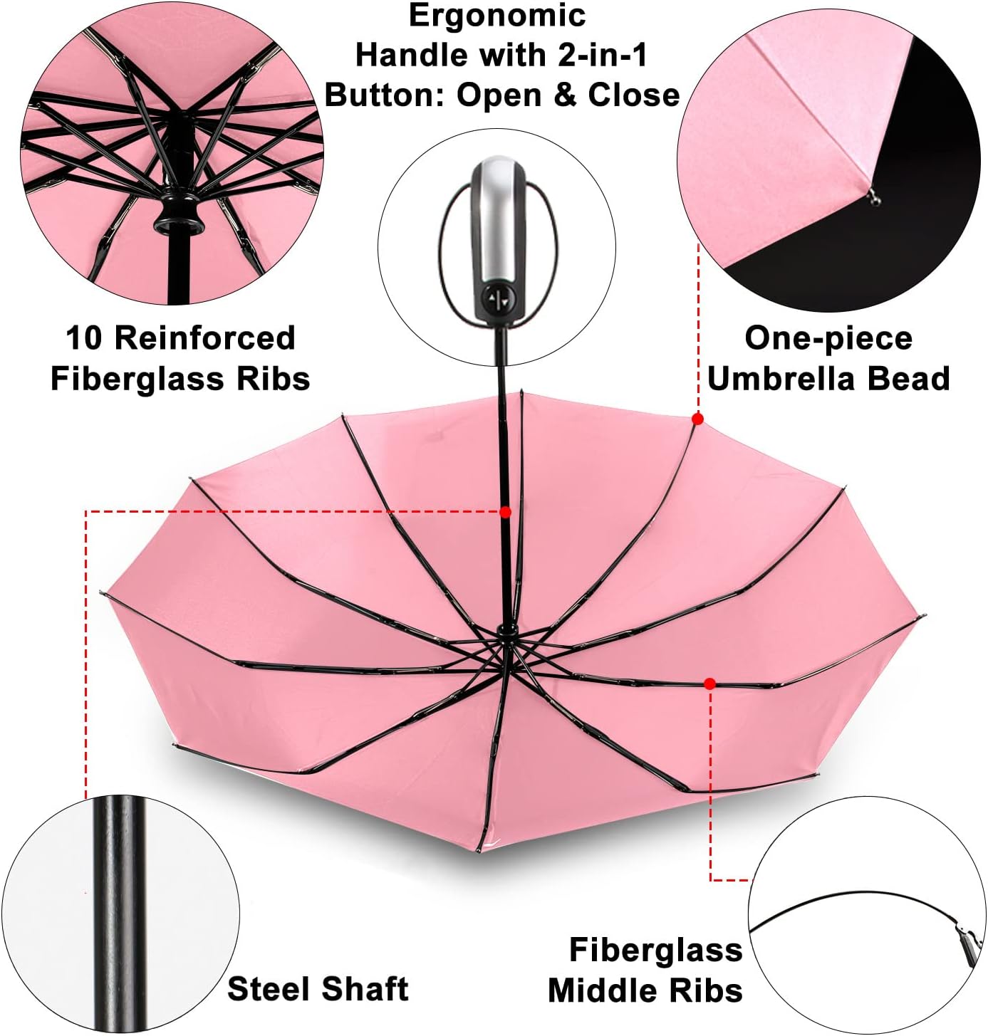 TradMall 2 Pack Travel Umbrella Windproof 46/56 Inches Large Canopy Reinforced Fiberglass Ribs Auto Open & Close