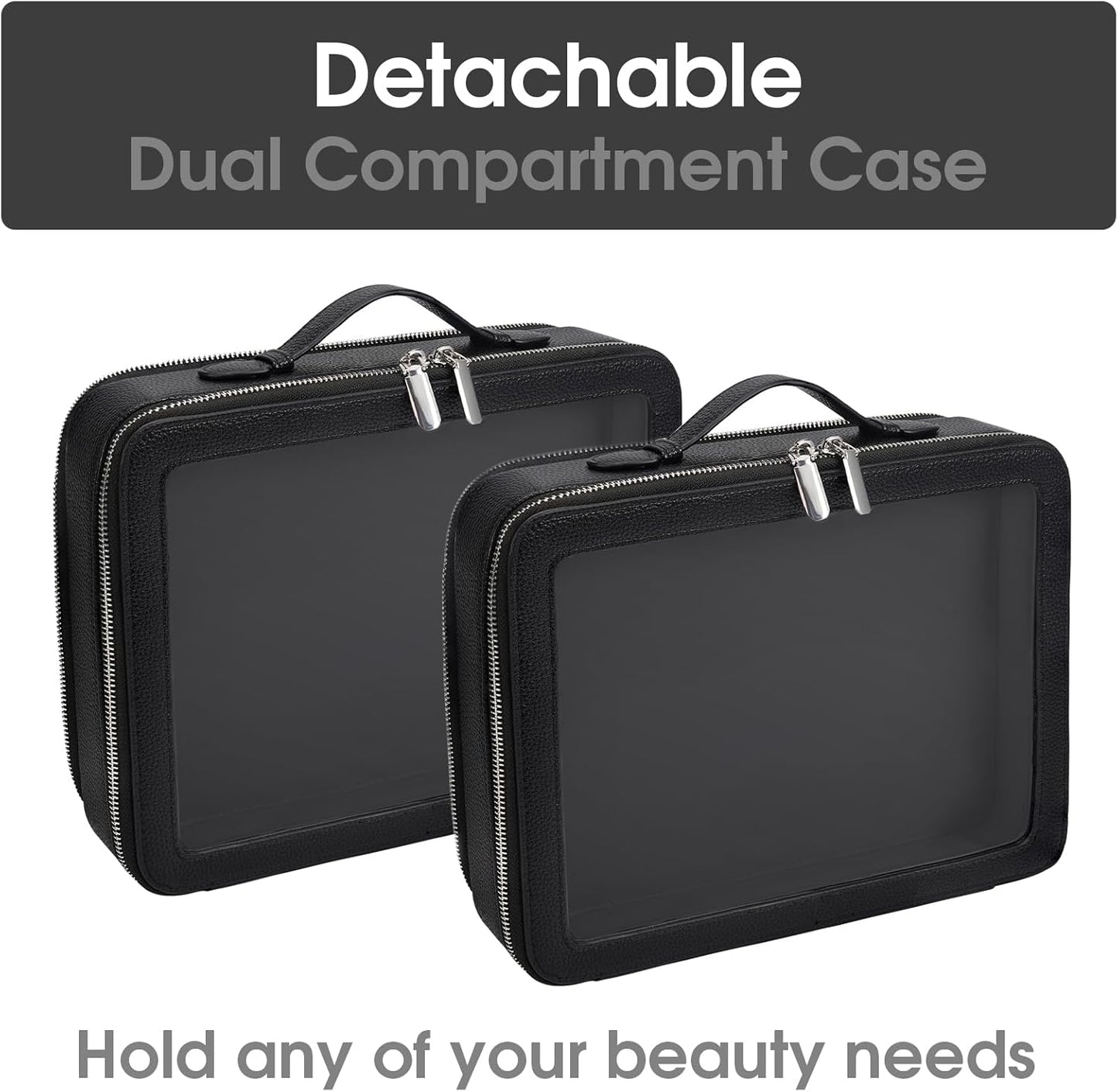 Clear Makeup Bag,Large Toiletry Case for Women,PU Leather Travel Cosmetic Bag,Detachable Makeup Case,Double Compartment Make up Organizer
