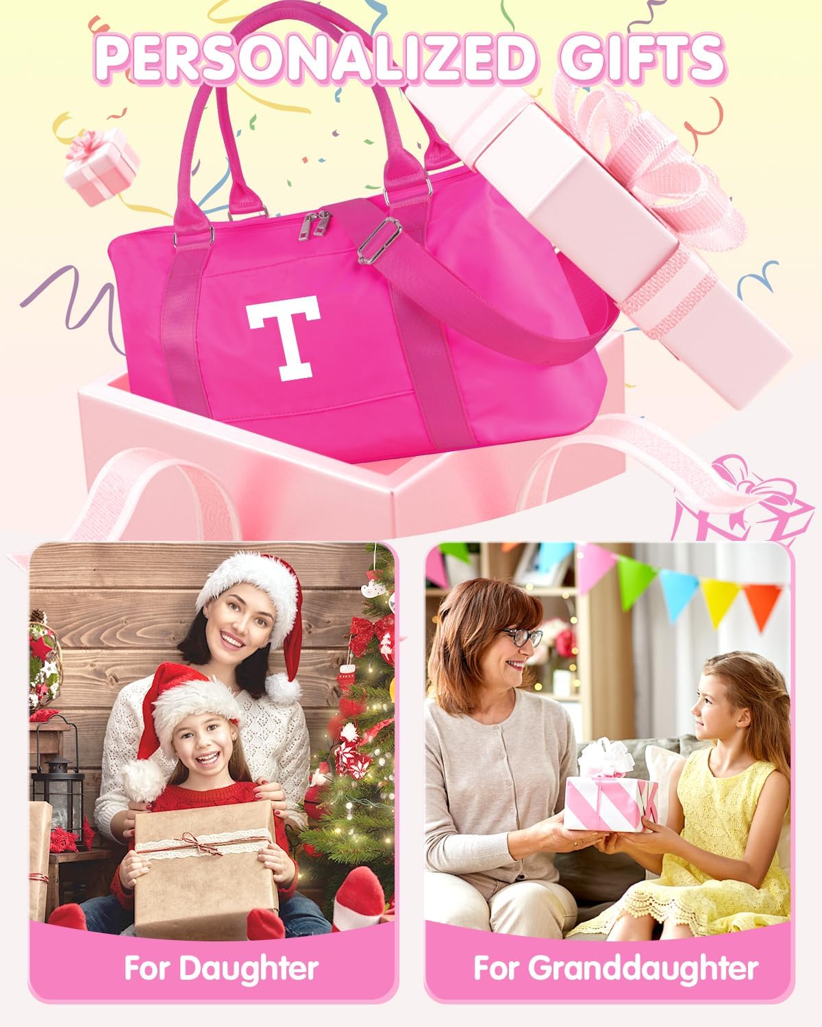 Overnight Bag for Kids Teen Girls Weekender Dance Bag Birthday Graduation Gifts,Initial Travel Duffel Bag Sports Gym Bag Personalized Weekender Bag Carry On Bags Preppy Gifts for Women(Hot Pink, T)