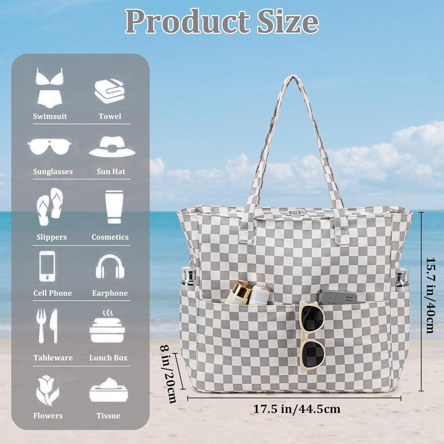 LEDAOU Large Beach Tote Bag Women Waterproof Sandproof Zipper Beach Tote Bag for Pool Gym Grocery Travel with Wet Pocket
