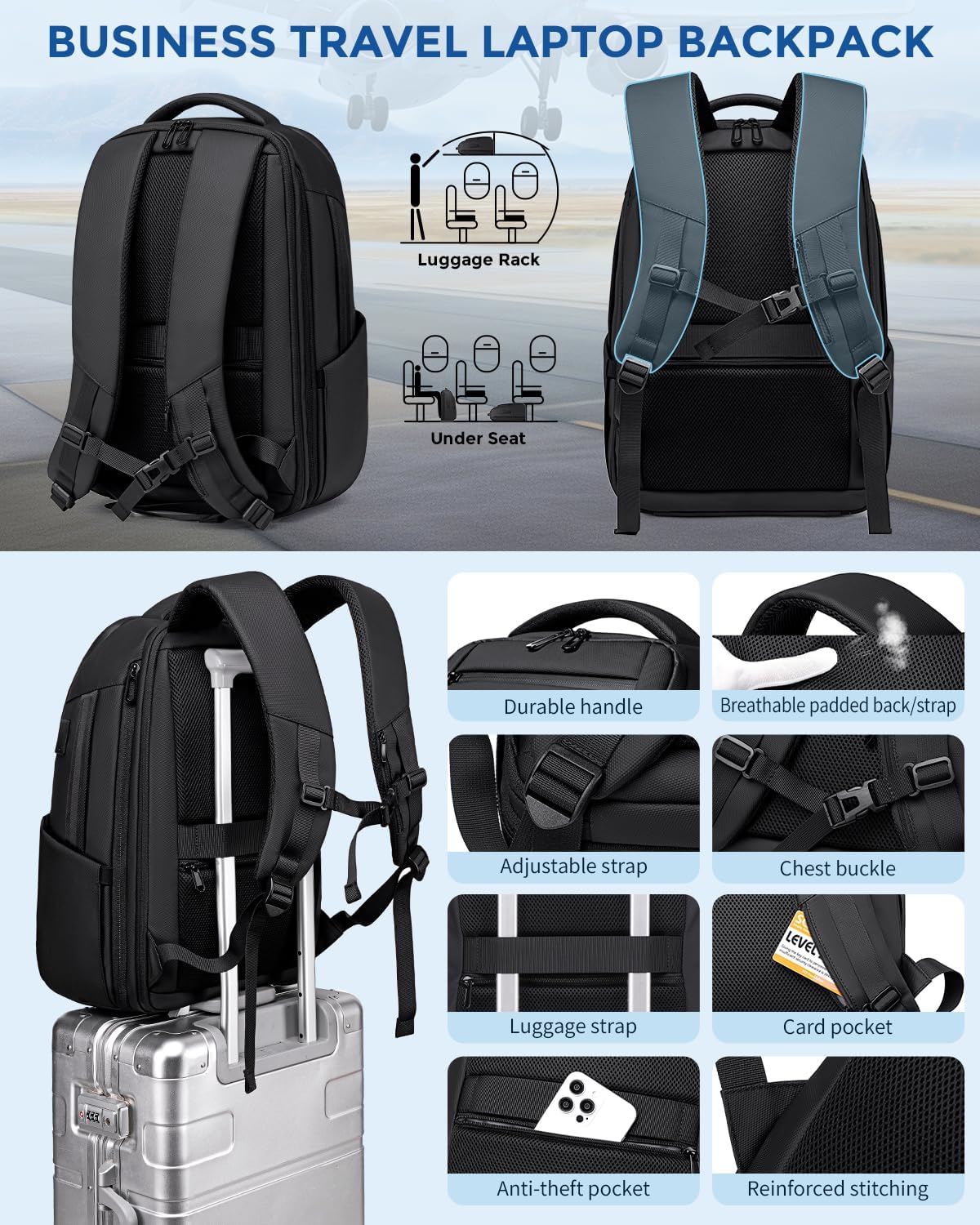 17 Inch Travel Laptop Backpack, Water Resistant Expandable Men's Computer Backpack for Men, Black Laptop Bag with USB Port for Business/Work/College