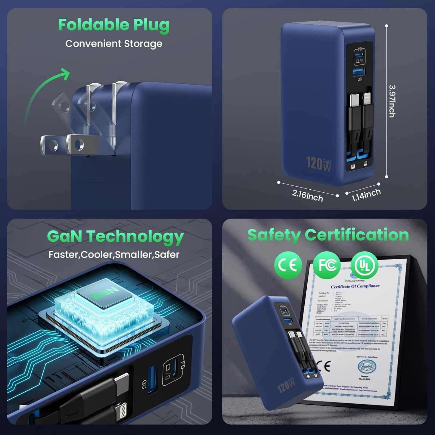 120W USB C Charger Block with 2 Built-in Retractable Cables,4-in-1 GaN IV Foldable Plug Wall Charger Fast Charging Station,PD 65W Laptop Adapter for Macbook/iPad,iPhone 17/16/15/14,Android (Dark Blue)