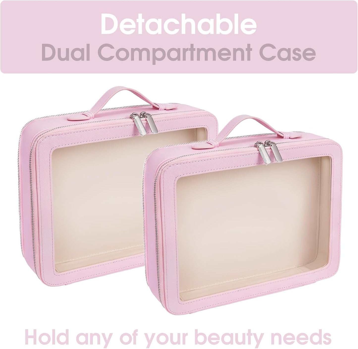 Clear Makeup Bag,Large Toiletry Case for Women,PU Leather Travel Cosmetic Bag,Detachable Makeup Case,Double Compartment Make up Organizer
