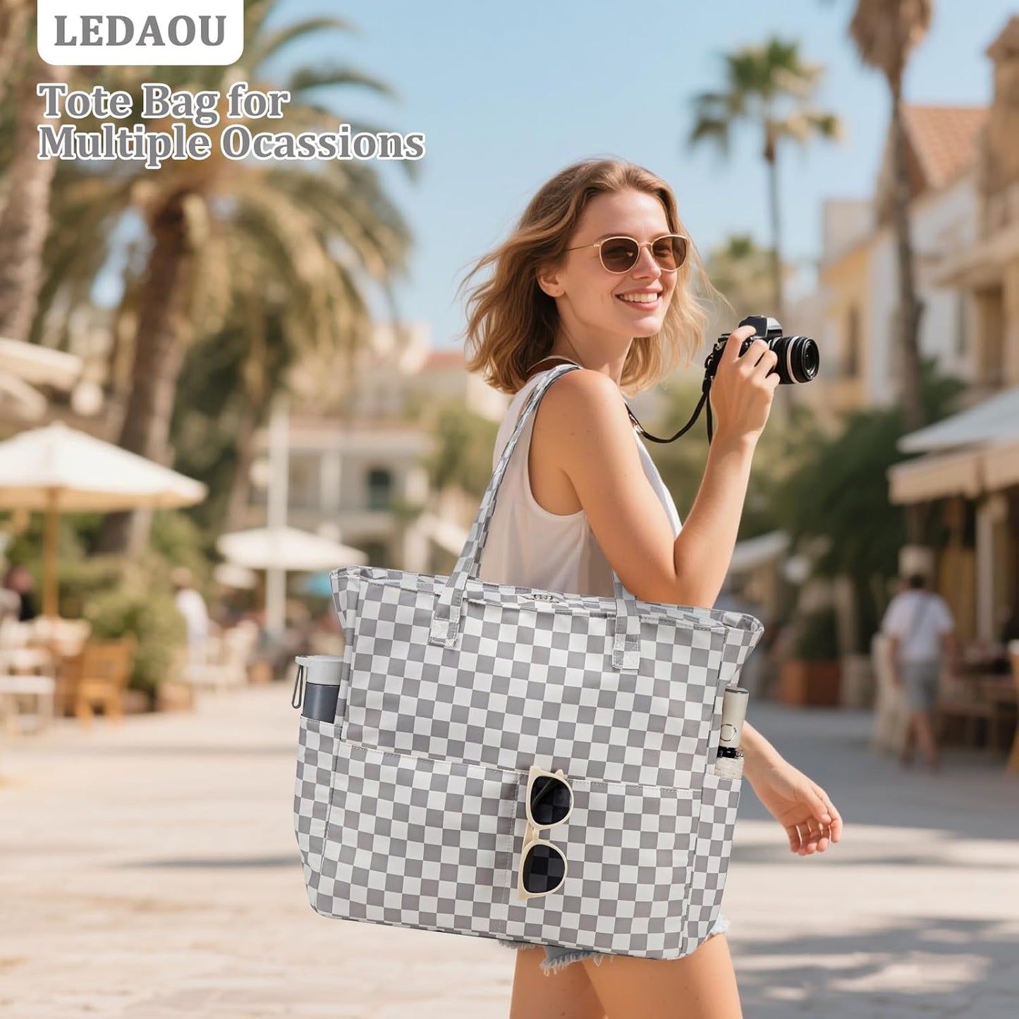 LEDAOU Large Beach Tote Bag Women Waterproof Sandproof Zipper Beach Tote Bag for Pool Gym Grocery Travel with Wet Pocket