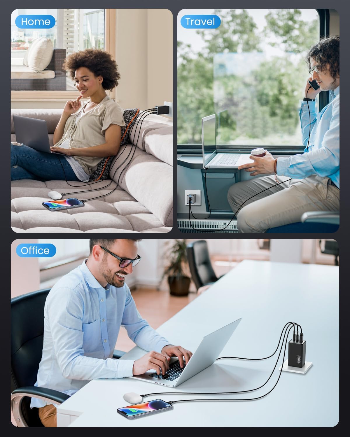 130W USB C Wall Charger,GaN III 3-Port Fast Charging Station,PD QC Foldable Charger Block Portable 65W USB C Laptop Adapter for MacBook Pro/Air,iPad Pro,Galaxy S23,Dell XPS 13,iPhone 17