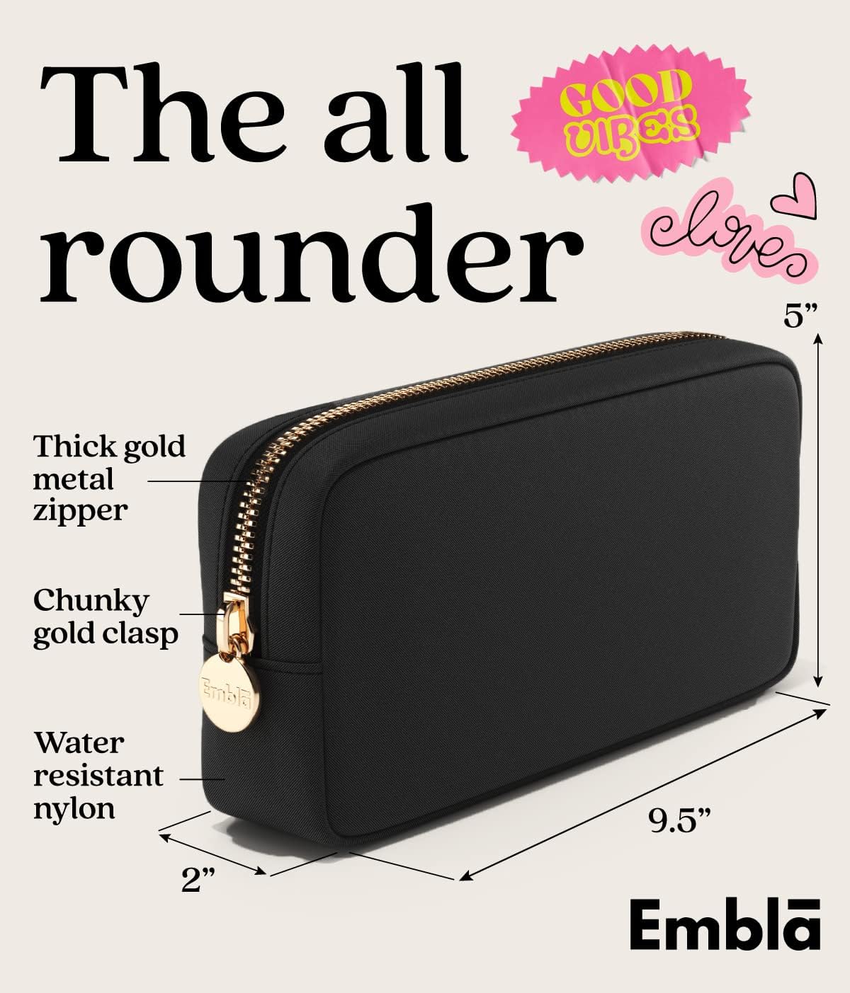 Embla Makeup Bag Travel Cosmetics Pouch and Toiletry Bag, Nylon Zipper Pouch Purse, Cute Make Up Organizer Storage Tote for Women Girls, Waterproof Travel Skincare Case, Small Makeup Bags, Black