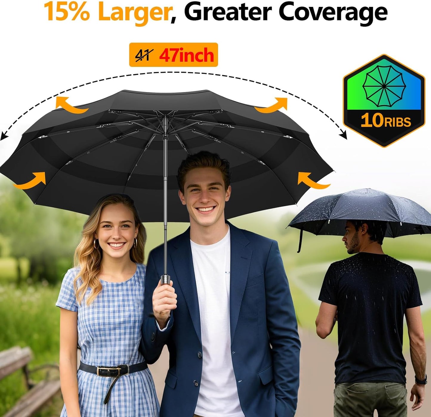Umbrella Strong Windproof, Triple-Layer Canopy, 10 Fiberglass Ribs, Auto Open/Close, Wooden Handle, Sleeve with Anti-Loss Hook, Umbrellas for Travel & Commute & Daily Use & Gift