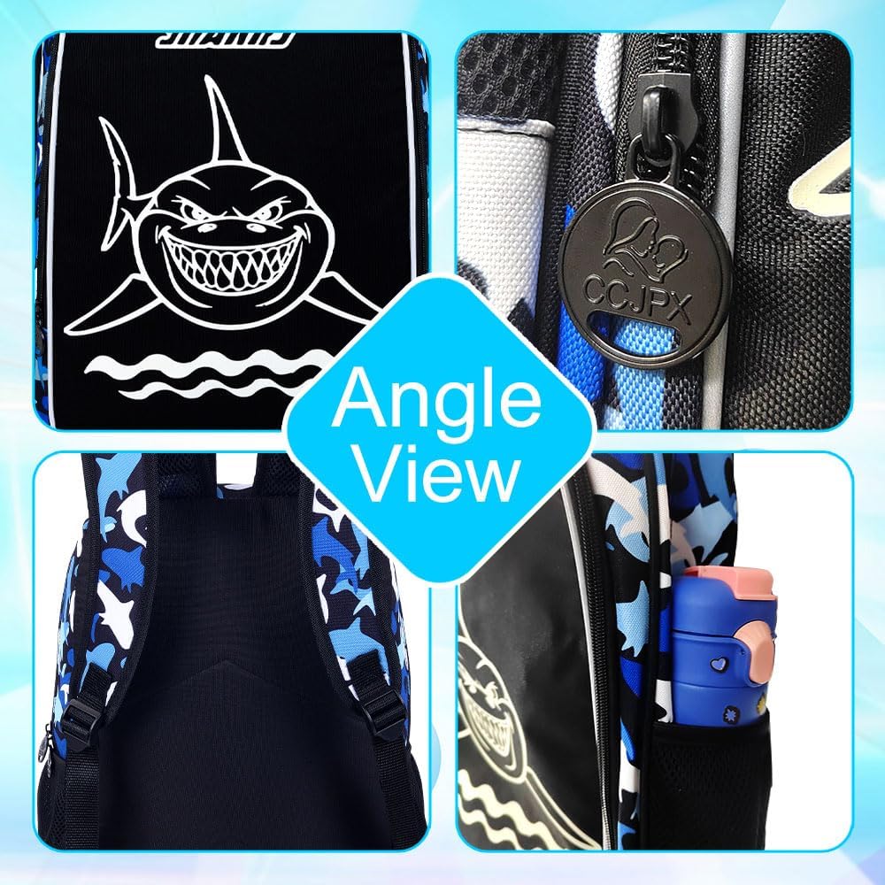 17 Inches Glow in The Dark Shark Backpack for Boys, 3Pcs School Bookbag Set for Teens, Laptop Backpacks with Lunch Bag(Blue)