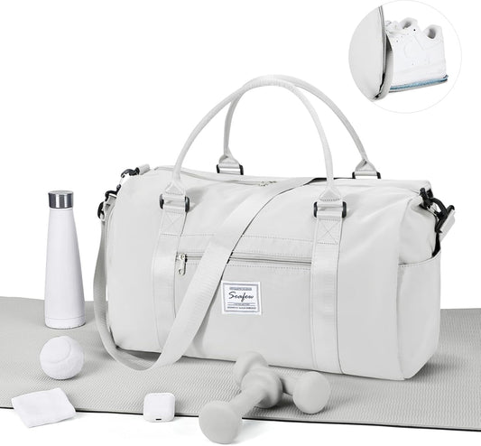 Gym Bag for Women Men with Shoes Compartment,Sports Duffle Bag Personal item travel Duffel Bags Tote Bag Small Carry on Weekender Overnight Bag Workout Dance Bag Hospital Holdalls Grey