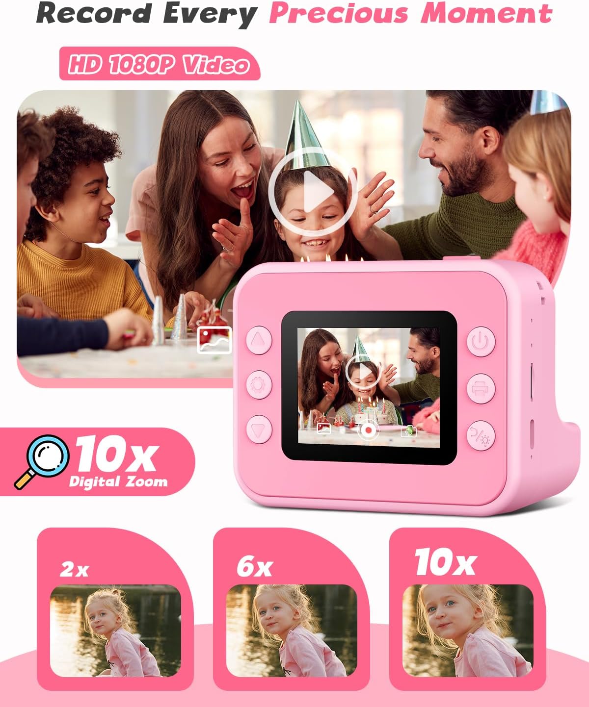 Instant Print Camera for Kids, 1080P Digital Video Cameras, Christmas Birthday Gifts Toys for Age 3-12, Toddler Camera for 4 5 6 7 8 9 10 Year Old Girls - Pink