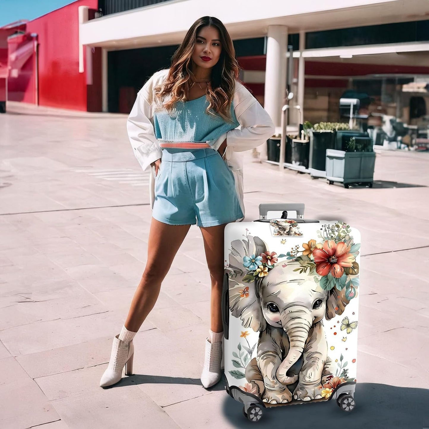 Travel Luggage Cover,Flowers ElephantTheme Suitcase Cover Accessory Kit, Luggage Tag, and Comfortable Luggage Handle Wrap, Washable Luggage Suitcase Protector (25-28 inch,L)