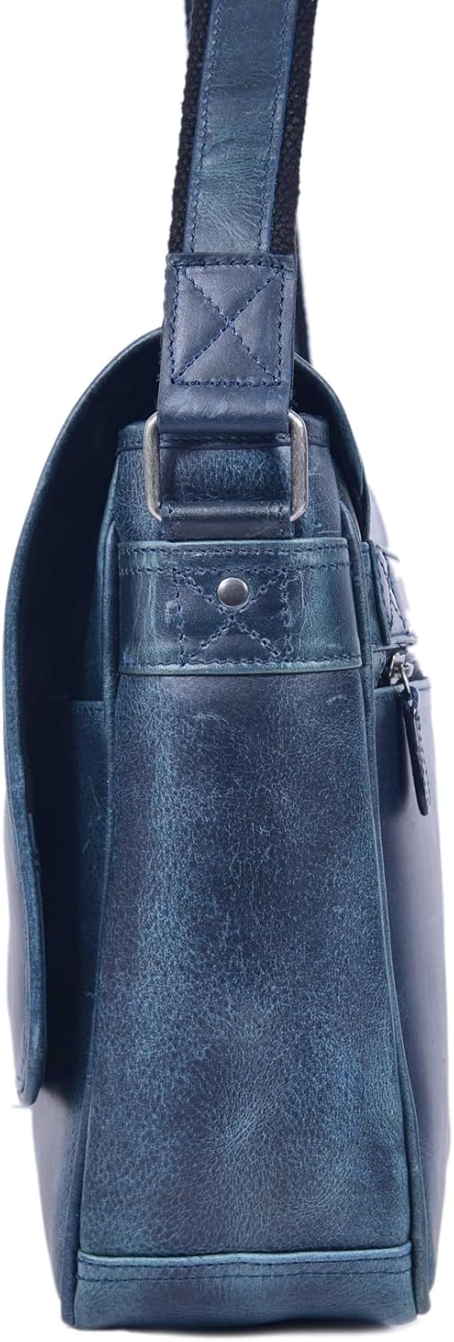 16" Crossbody Bag Leather Laptop Messenger Bag For Men with trolley sleeve for school office (Ice Blue)