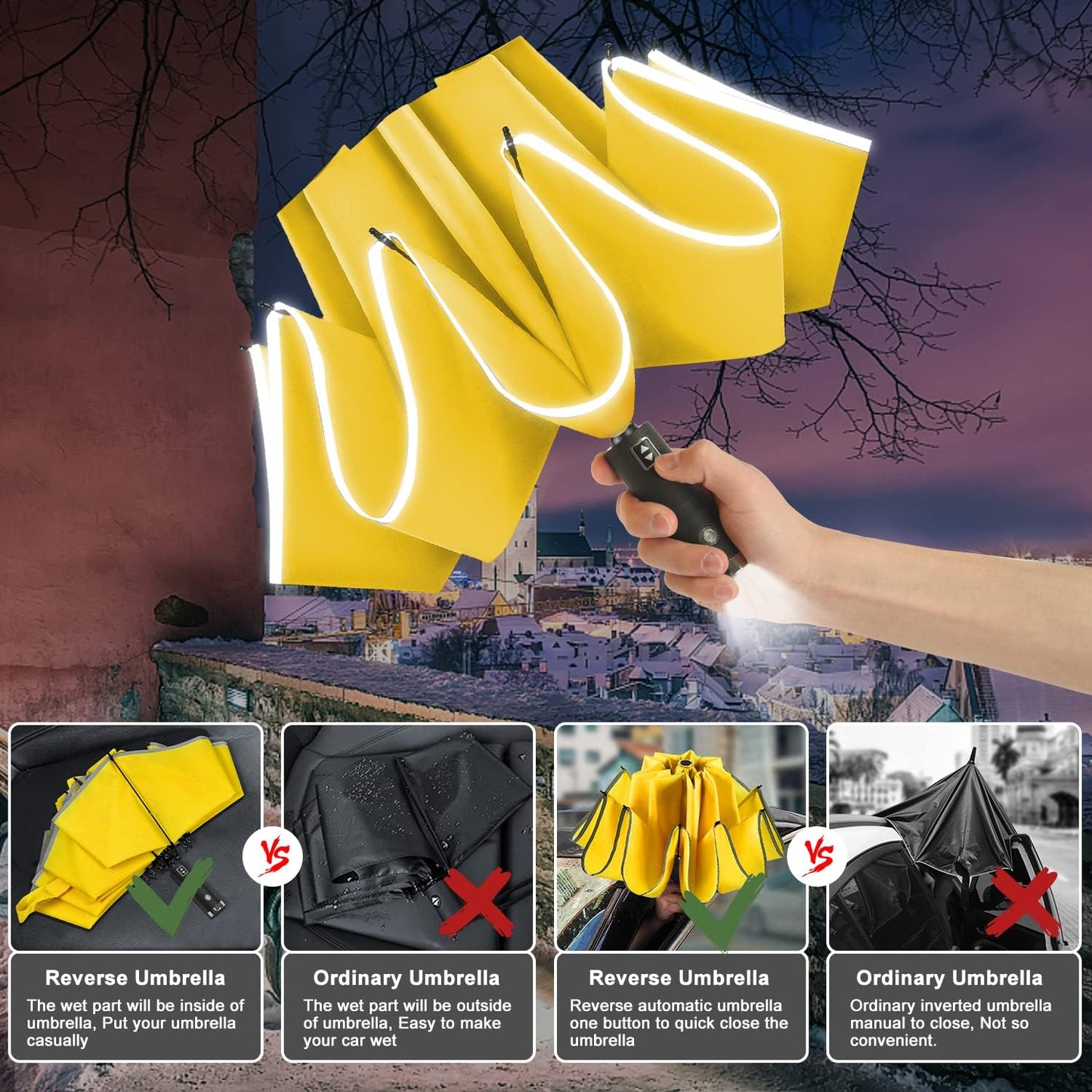 Lejorain Automatic Folding Umbrella Inverted - Upside Down Yellow Windproof Umbrella LED Flashlight Handle With Reflective Strip
